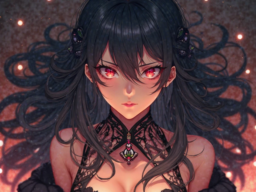 Beautiful black-haired anime girl in an exquisite bikini, Charming curves, Glowing eyes