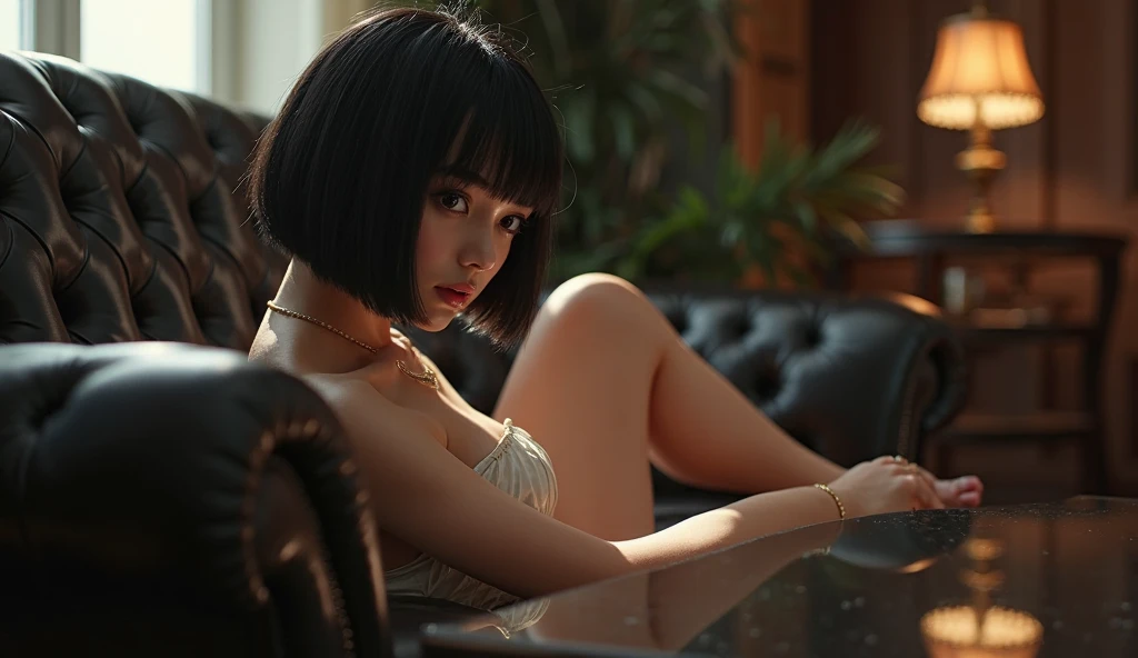24years old Japanese girl, Black bob hair hair,wearing only yelox pantyhose,shrtsless,black high heels, Ahegao with tongue out,Nipples being played with by hand, Old and dark mansion,full shot