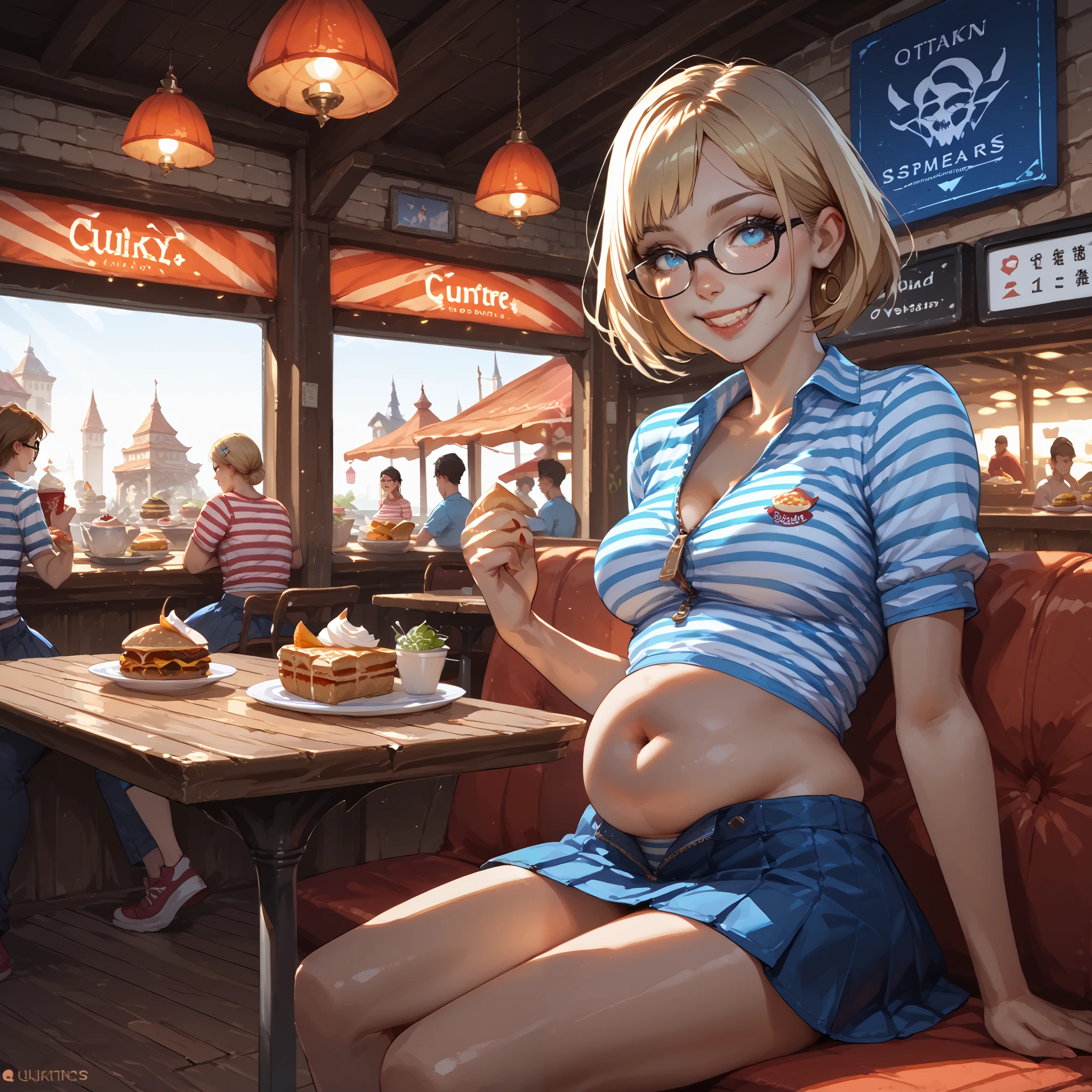 A hyper-realistic, ultra-detailed masterpiece featuring One woman, (quirky woman),, sitting at a booth in a cafe, unzipped skirt, ((small belly stuffed full with food)), striped v neck shirt, large black square glasses, thick blonde hair, (strange strained smile), volumetric and specular lighting, , ((covered midriff, covered belly)),