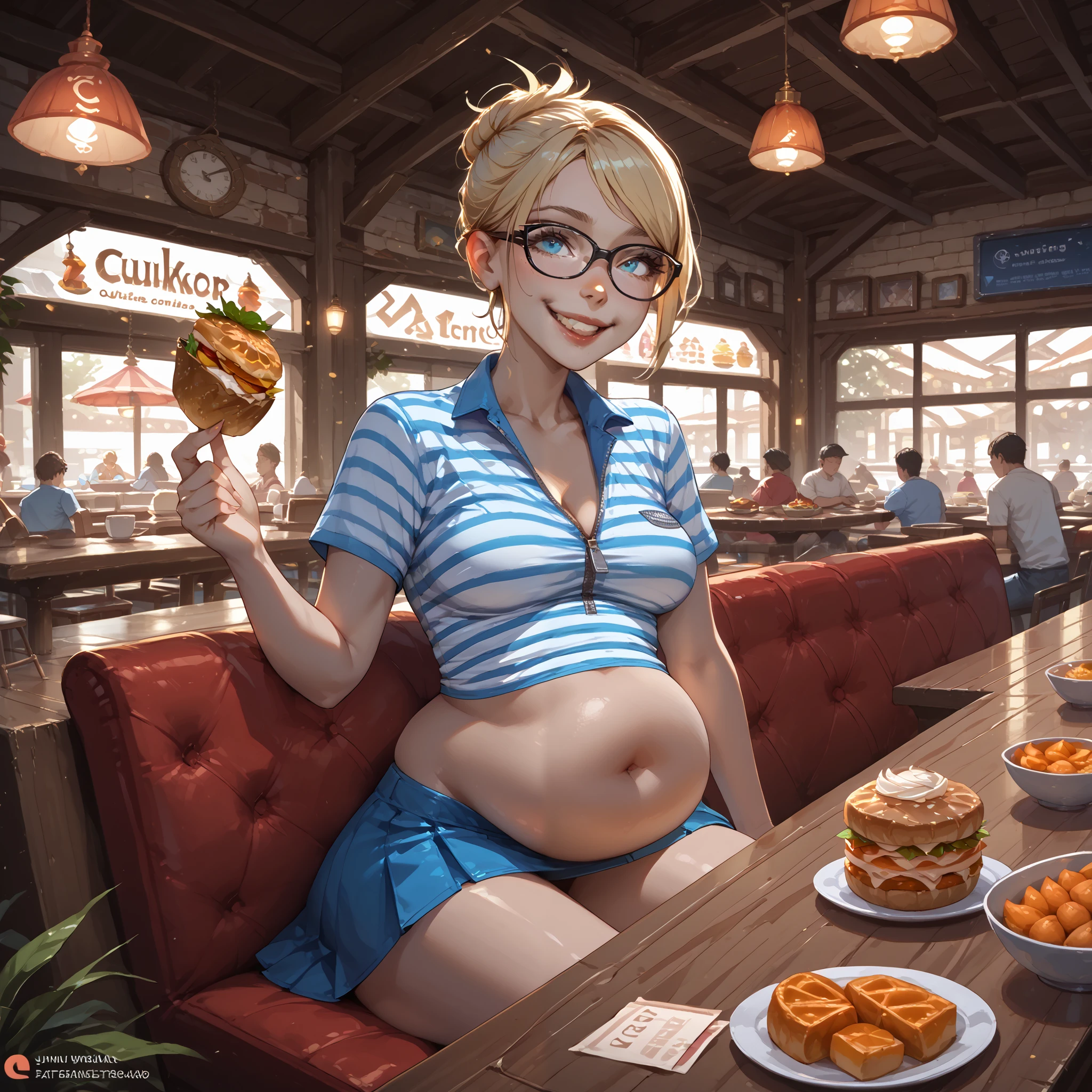 A hyper-realistic, ultra-detailed masterpiece featuring One woman, (quirky woman),, sitting at a booth in a cafe, unzipped skirt, ((small belly stuffed full with food)), striped v neck shirt, large black square glasses, thick blonde hair, (strange strained smile), volumetric and specular lighting, , ((covered midriff, covered belly)),