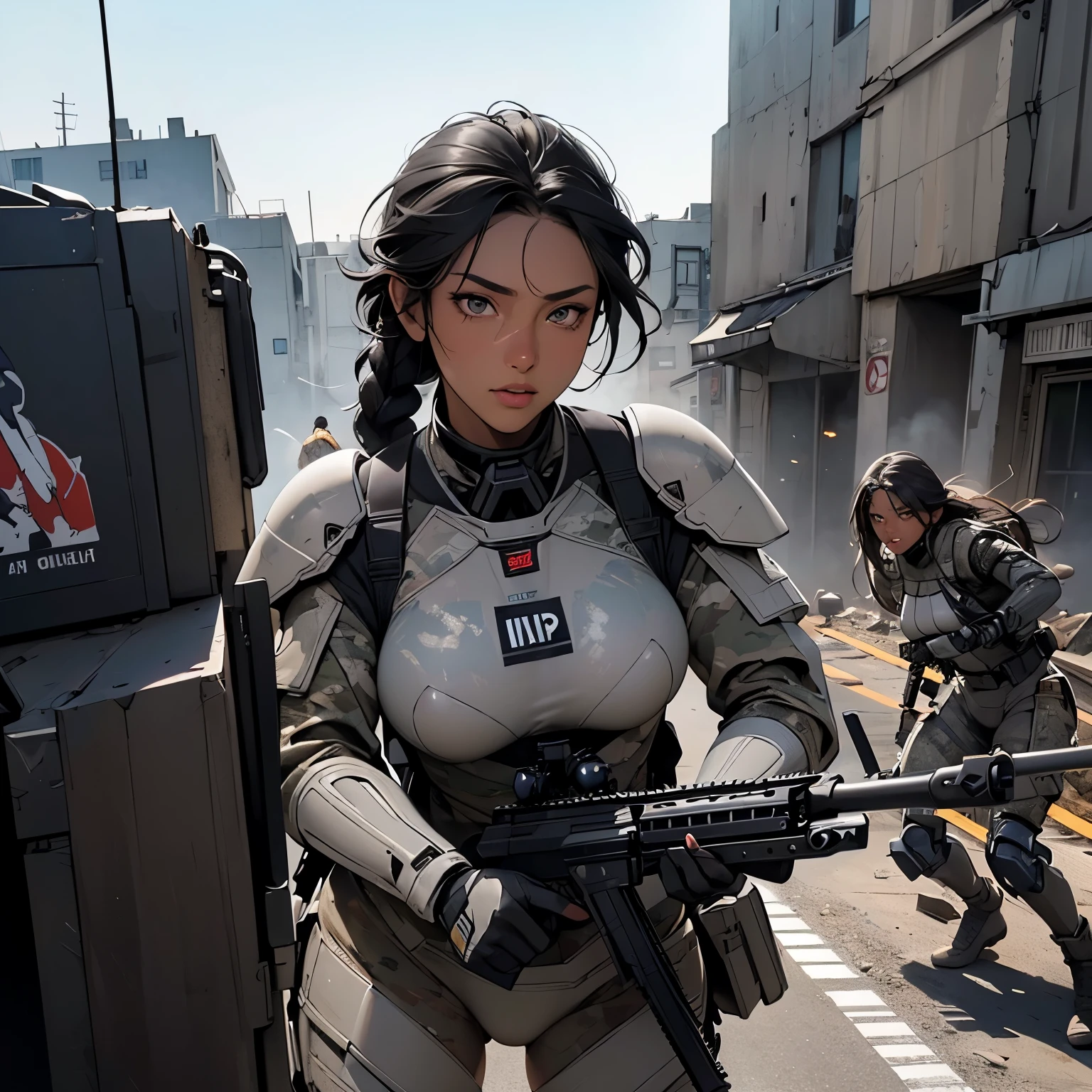 nsfw, anime screencap, 16K, perfect anatomy proportion body, perfect hands, action, A dynamic composition with a sense of speed and movement, (Hold an assault rifle:1.6), a wife, 40age, perfect beautiful delicate sexy face, perfect beautiful delicate eyes, braid-in-braid black hair, (dark skin:1.6), huge breasts, Camouflage colored heavy armor robotic steam engine full armor powered suit, Many robot soldiers having a gunfight in the background, Flying bullets, Urban battlefields, war, Post-apocalyptic,
