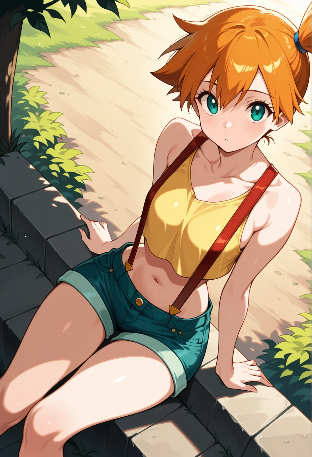 score_9,score_8, score_7_.superior,from below, (Low angle shot), (Insect's Eye).walking, masterpiece,bestquality, Highest quality, (mature), (have confidence, A character with a playful expression), , (outcome), One girl, , Foggy, alone, Outdoor, Green Eyes, Orange Hair, Side Ponytail, Yellow Shirt, Sleeveless shirt,belly button, Denim shorts, suspenders,  Captivating look, Seductive expressions),(under_boob),superfineillustration,finely detail,(absurdres),(shirt pull:1.2),hands on own hips
