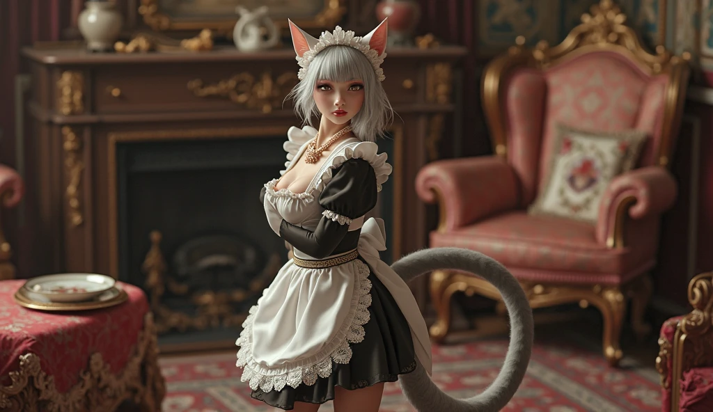White silk cat ears white fur maid outfit --auto