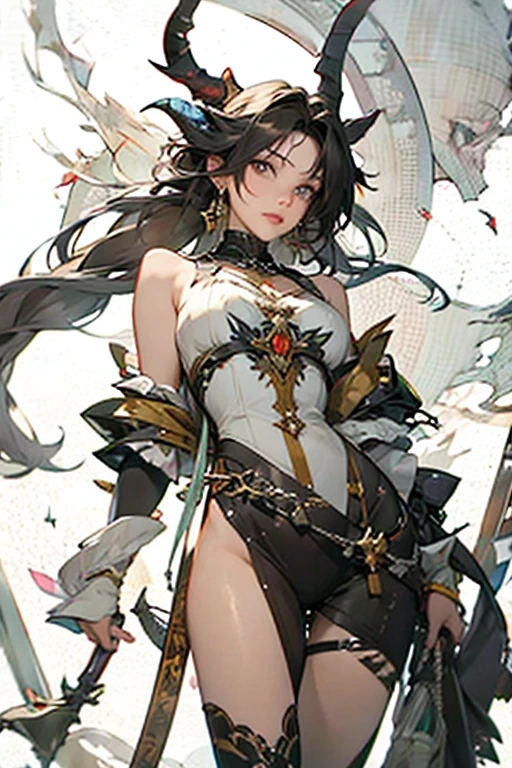 Create a detailed illustration of a fierce female warrior. She wears a headband adorned with intricate decorations, featuring a glowing red gem at its center. (Her shoulder guards have short), thick horns at their tips, surrounded by numerous bumps and ridges of various sizes. Her chest armor is shaped like a bikini but has a rugged, crustacean-like texture. She also wears matching gauntlets on her arms. A black cape flows behind her. Her eyes are sharp and filled with hostility. Her hair stands on end like a lion's mane, colored yellow with a streak of red running through the center, resembling flames,(whole body),chest、stomach、Thighs、The skin on the upper arms is exposed,