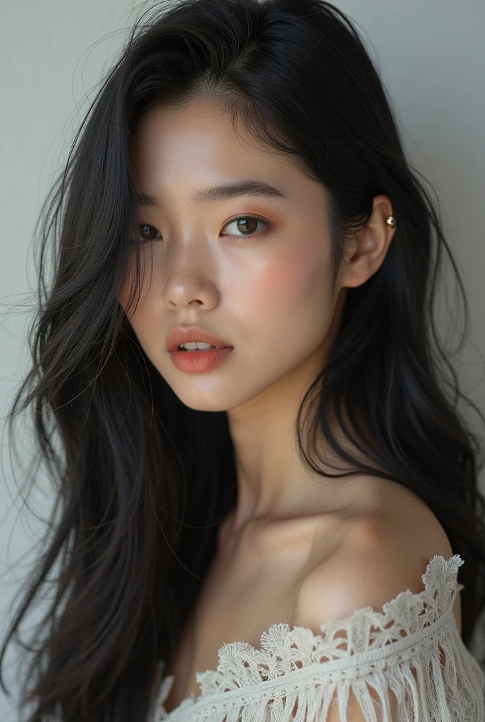 A closeup of a woman with long black hair wearing a bra, coreana, asian features, linda sul Mulher coreana, linda jovem Mulher coreana, beautiful Asian girl, Asian face, Jennie Blackpink, 18 anos, bela jovem Mulher coreana, Asian girl, korean symmetrical face, young adorable korean face, asian beautiful face, korean face features, Mulher coreana