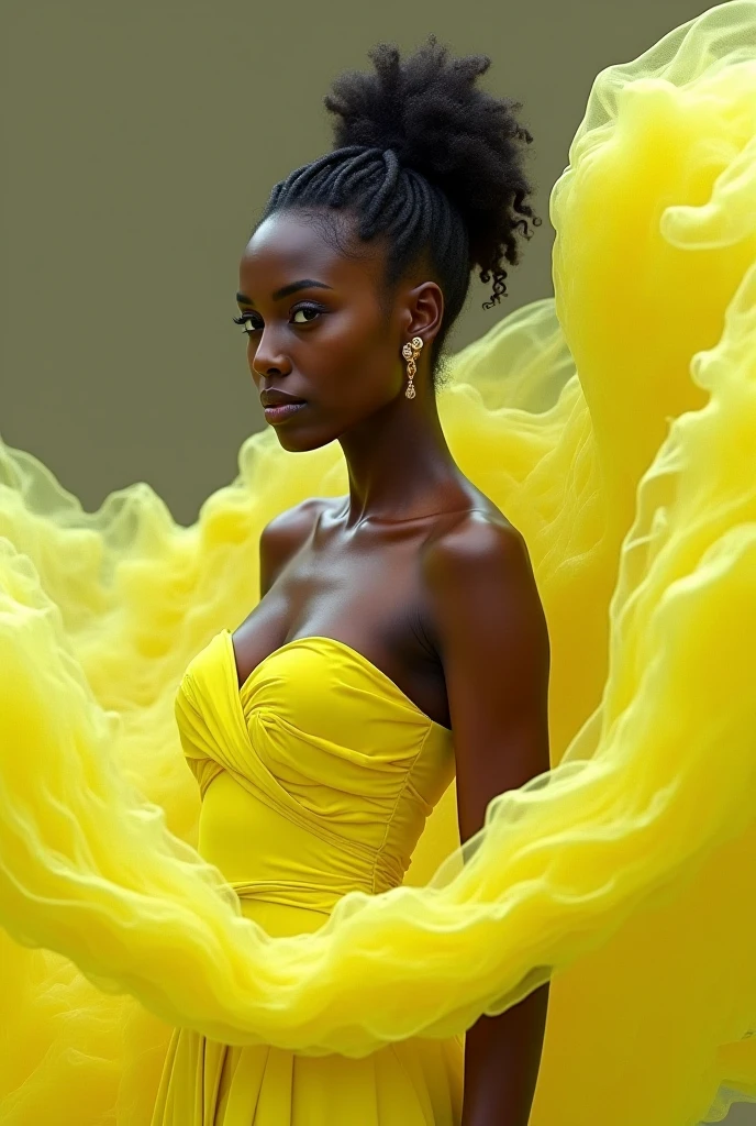 Black Girl with short yellow hair floating in the distance in a black background