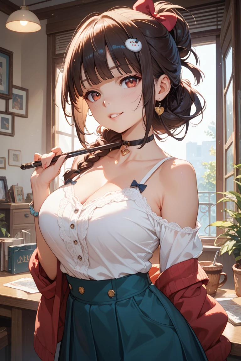 absurd, 8K, high resolution, Ultra-detailliert, beautiful, Meisterwerk, best quality, very pretty woman, Jung, Braunes Haar, twintails, Cross-legged, Fuchsohren, (Immobilienmakler1.6), green pleated skirt, white knee socks, (roter BH), White blouse, (green eyes), (very large breasts:1.4), detailliertes Frauengesicht, Sehr attraktiv,