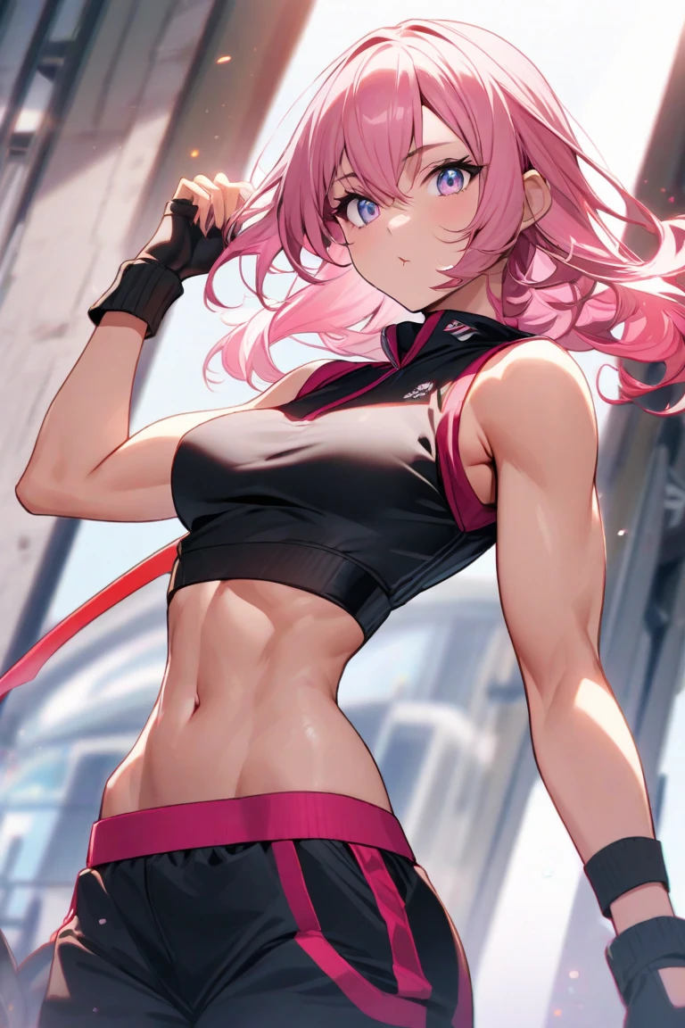 sakura haruno, sleeveless, red jacket, forehead protector, konohagakure symbol, arms behind head, armpits, showing armpits, posing, green eyes, perfect proportions, sakura shippuden(((((Sexy body)))),((((sexy pose))))