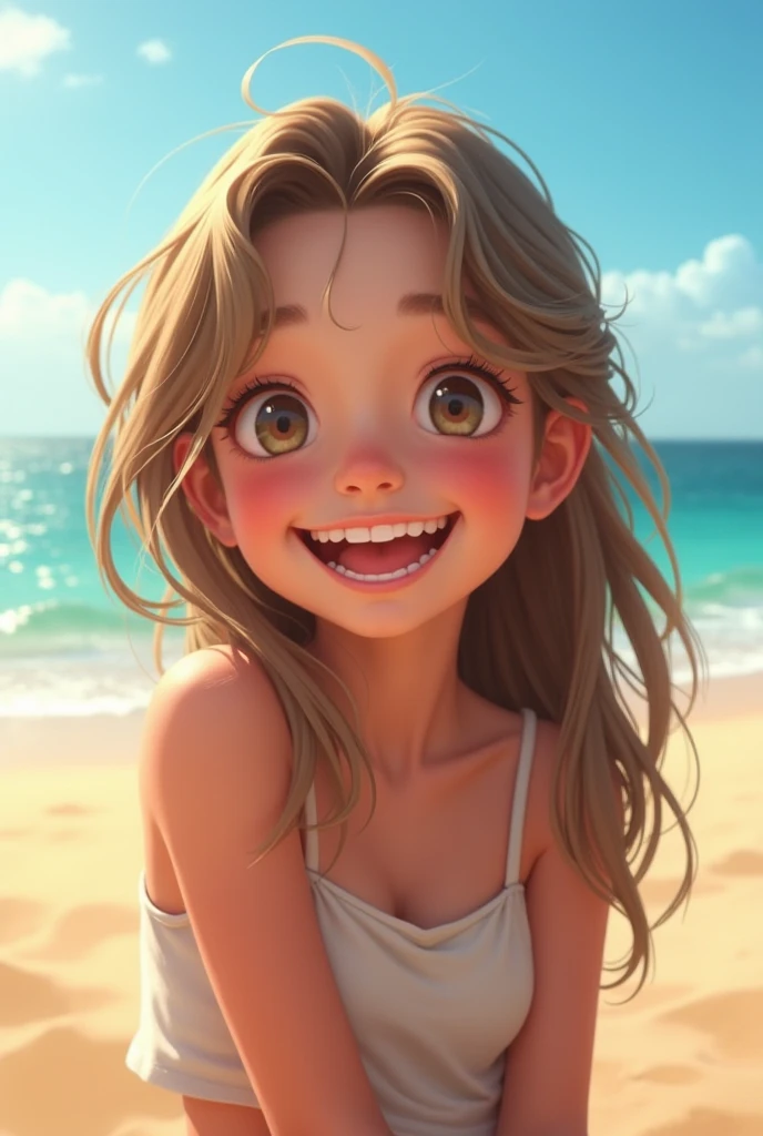 an adult, light brown hair and blue eyes, cheerful in a beach area