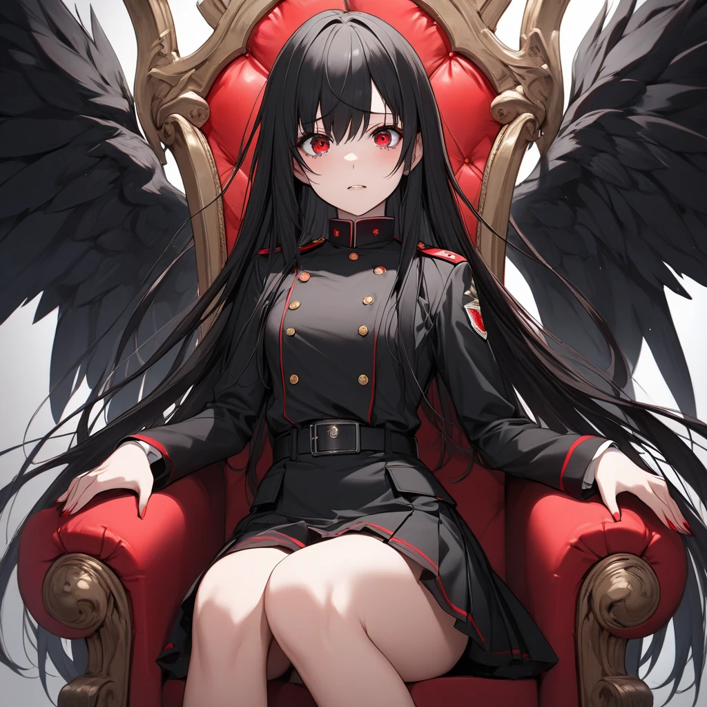 a demonic girl in military uniform, long black hair, red eyes, spreading demonic wings, in a dilapidated church, fantasy, best quality, 8k, highres, masterpiece, dramatic shadows, gothic style, cinematic lighting