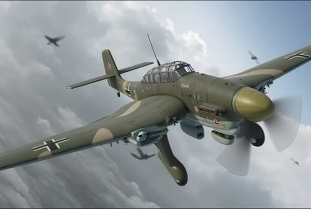 Realistic, photorealistic 8K quality, WW2, German air force water-cooled single-engine dive bomber, Junkers Ju-87 "STUKA", diving to drop bombs. Cloudy sky in the background. Operation Dunkirk.