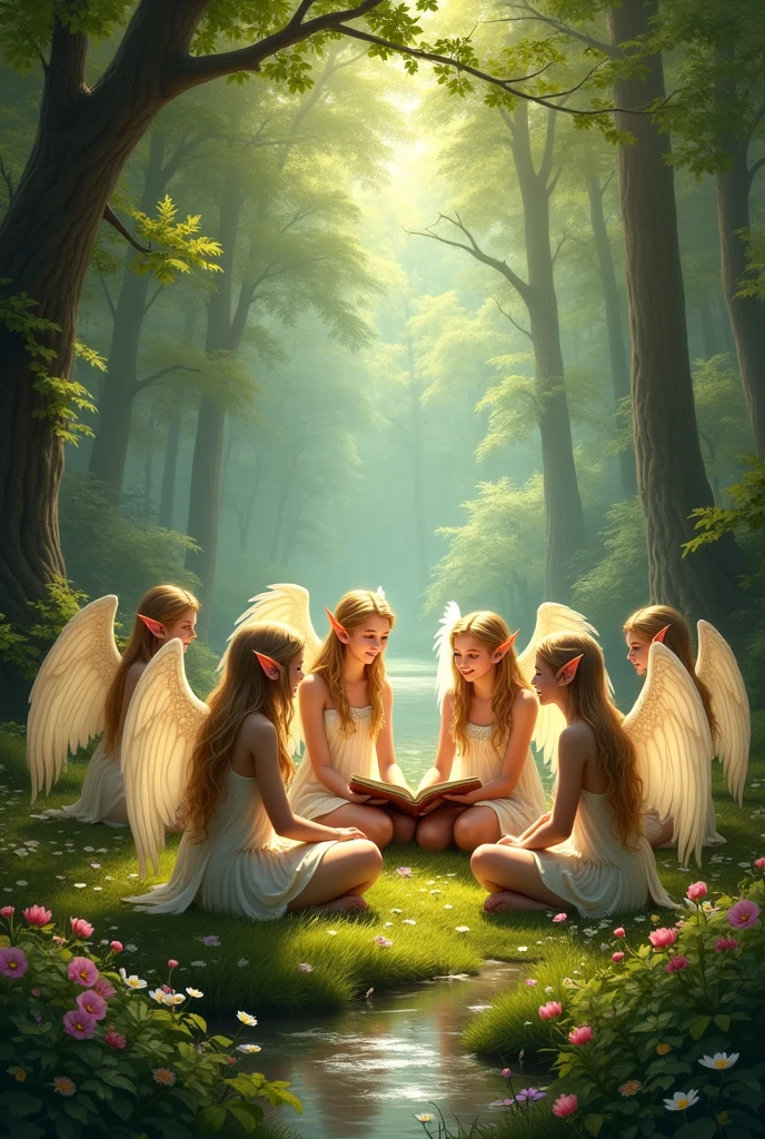 with angels, relief, smile, glowing forest, mysterious, spring, light, halo, feathers, joy, lassen