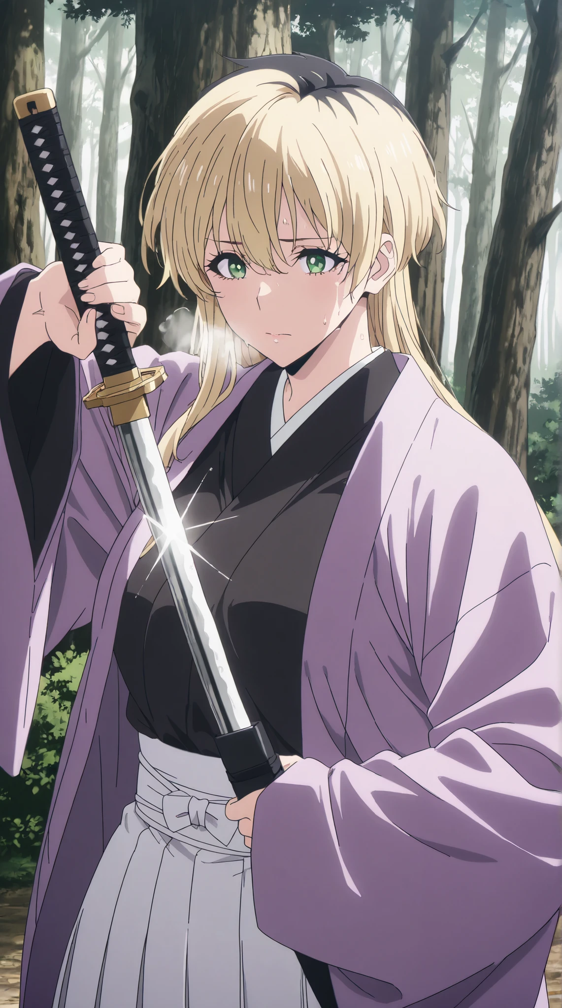 score_9, score_8_up, score_7_up, score_6_up, score_5_up, score_4_up, uncensored, source_anime, miyako ishida, long hair, bangs, blonde hair, black hair, hair between eyes, green eyes, multicolored hair, two-tone hair, bright pupils, ((flabby stomach)), plump, anime coloring, anime screencap, (voluptuous:1.3), (thick:1.3), BREAK UHD, retina, masterpiece, accurate, anatomically correct, textured skin, super detail, high details, high quality, award winning, best quality, highres, 4K, excessive sweating, sweating, sweating drop, (gasping, heavy breathing:1.3), (skindentation:1.2), perfect eyes, beautiful eyes, eyelashes, makeup, detailed body, perfect body, BREAK, ((flabby stomach)), plump, pointing breasts, 1girl, weapon, japanese_clothes, sword, solo, unsheathing, holding, holding_weapon, katana, kimono, looking_at_viewer, forest, nature, holding_sword, sheath, haori, sleeves_past_wrists, outdoors, hakama, closed_mouth, black_kimono, long_sleeves, skirt, wide_sleeves, hakama_skirt, tree, glint