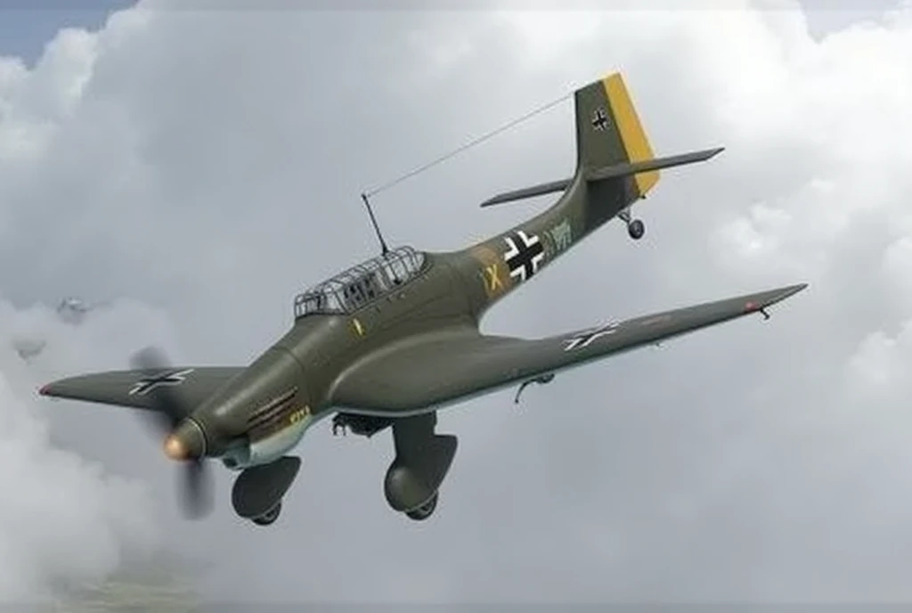 Realistic, photorealistic 8K quality, WW2, German air force water-cooled single-engine dive bomber, Junkers Ju-87 "STUKA", diving to drop bombs. Cloudy sky in the background. Operation Dunkirk.