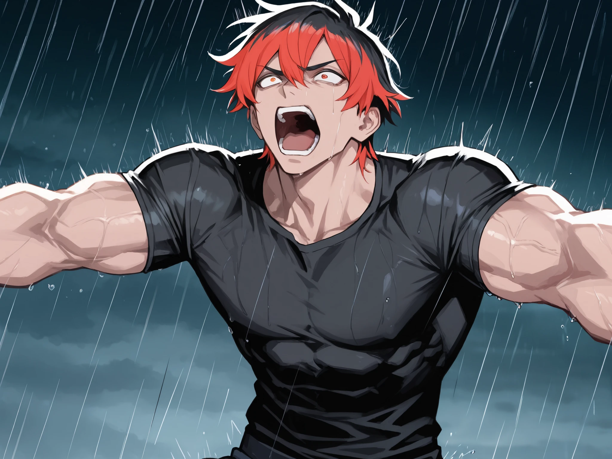 anime man, muscular, BLACK T-SHIRT, Screaming in the Rain , HD, highlights, Detailed, muy muscular, TYPE LINES