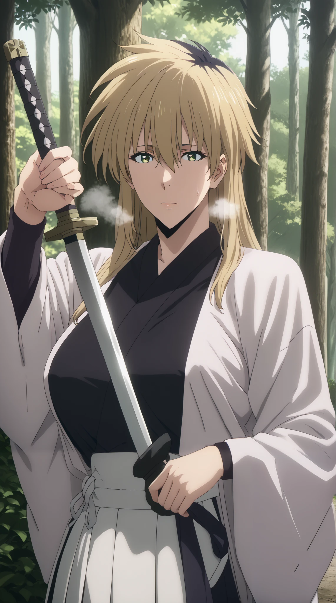 score_9, score_8_up, score_7_up, score_6_up, score_5_up, score_4_up, uncensored, source_anime, miyako ishida, long hair, bangs, blonde hair, black hair, hair between eyes, green eyes, multicolored hair, two-tone hair, bright pupils, ((flabby stomach)), plump, anime coloring, anime screencap, (voluptuous:1.3), (thick:1.3), BREAK UHD, retina, masterpiece, accurate, anatomically correct, textured skin, super detail, high details, high quality, award winning, best quality, highres, 4K, excessive sweating, sweating, sweating drop, (gasping, heavy breathing:1.3), (skindentation:1.2), perfect eyes, beautiful eyes, eyelashes, makeup, detailed body, perfect body, BREAK, ((flabby stomach)), plump, pointing breasts, 1girl, weapon, japanese_clothes, sword, solo, unsheathing, holding, holding_weapon, katana, kimono, looking_at_viewer, forest, nature, holding_sword, sheath, haori, sleeves_past_wrists, outdoors, hakama, closed_mouth, black_kimono, long_sleeves, skirt, wide_sleeves, hakama_skirt, tree, glint