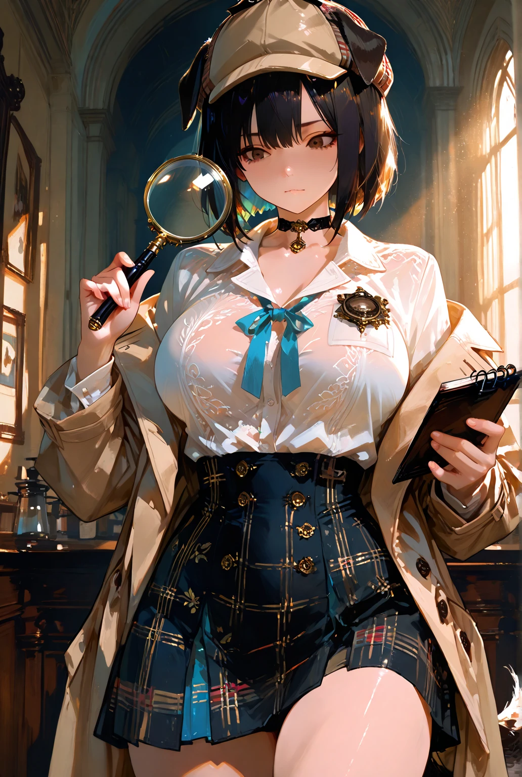 CG, Unity, 8k, wallpaper, Highest quality, masterpiece, Lovely lady, 18-year-old, Brown hair short cut, White skin, Best lighting, Complex pupil, Intricate weaving,((researcher:1.2)),harf body,professor、tailored jacket、Long skirt、Glasses、Small breasts