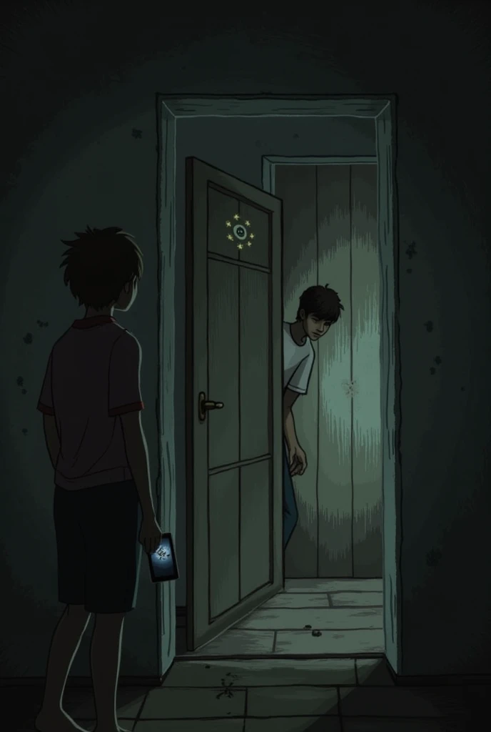 Create an image of the ghost of an 8-year-old boy, completely drenched, with a malevolent expression. He is shirtless, standing in a hospital room with water pooling around him on the floor. The scene is dimly lit, with flickering lights casting eerie shadows. The boy's eyes are haunting, and his presence exudes a chilling, sinister aura. The background includes typical hospital room elements like a bed and medical equipment, adding to the unsettling atmosphere reminiscent of a horror movie