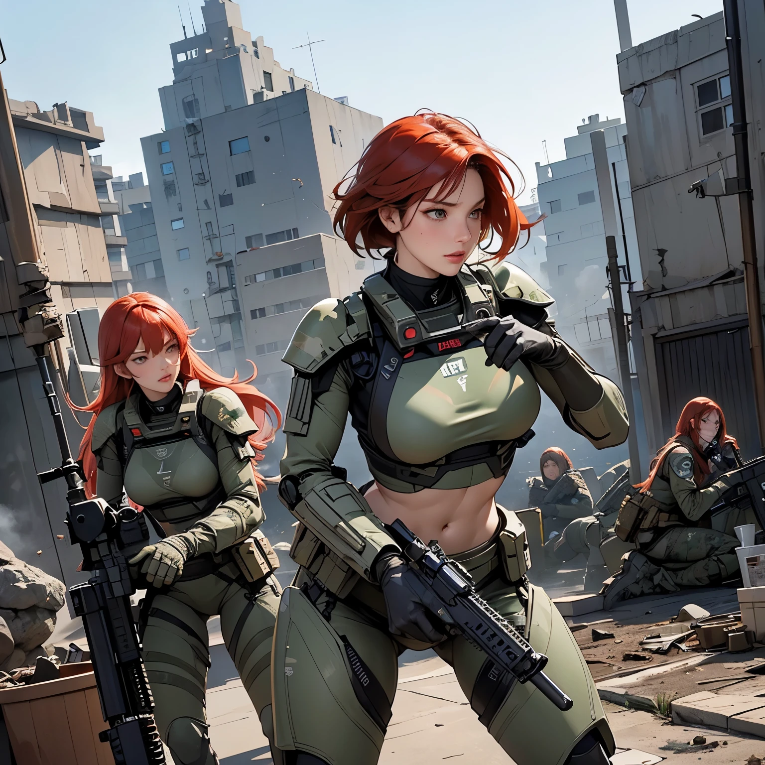 nsfw, anime screencap, 16K, perfect anatomy proportion body, perfect hands, action, A dynamic composition with a sense of speed and movement, (Hold an assault rifle:1.6), a wife, 40age, perfect beautiful delicate sexy face, perfect beautiful delicate slanted red eyes, red hair, swept bangs pixie cut, medium breasts, Camouflage colored heavy armor robotic steam engine full armor powered suit, Many robot soldiers having a gunfight in the background, Flying bullets, Urban battlefields, war, cyber punk,