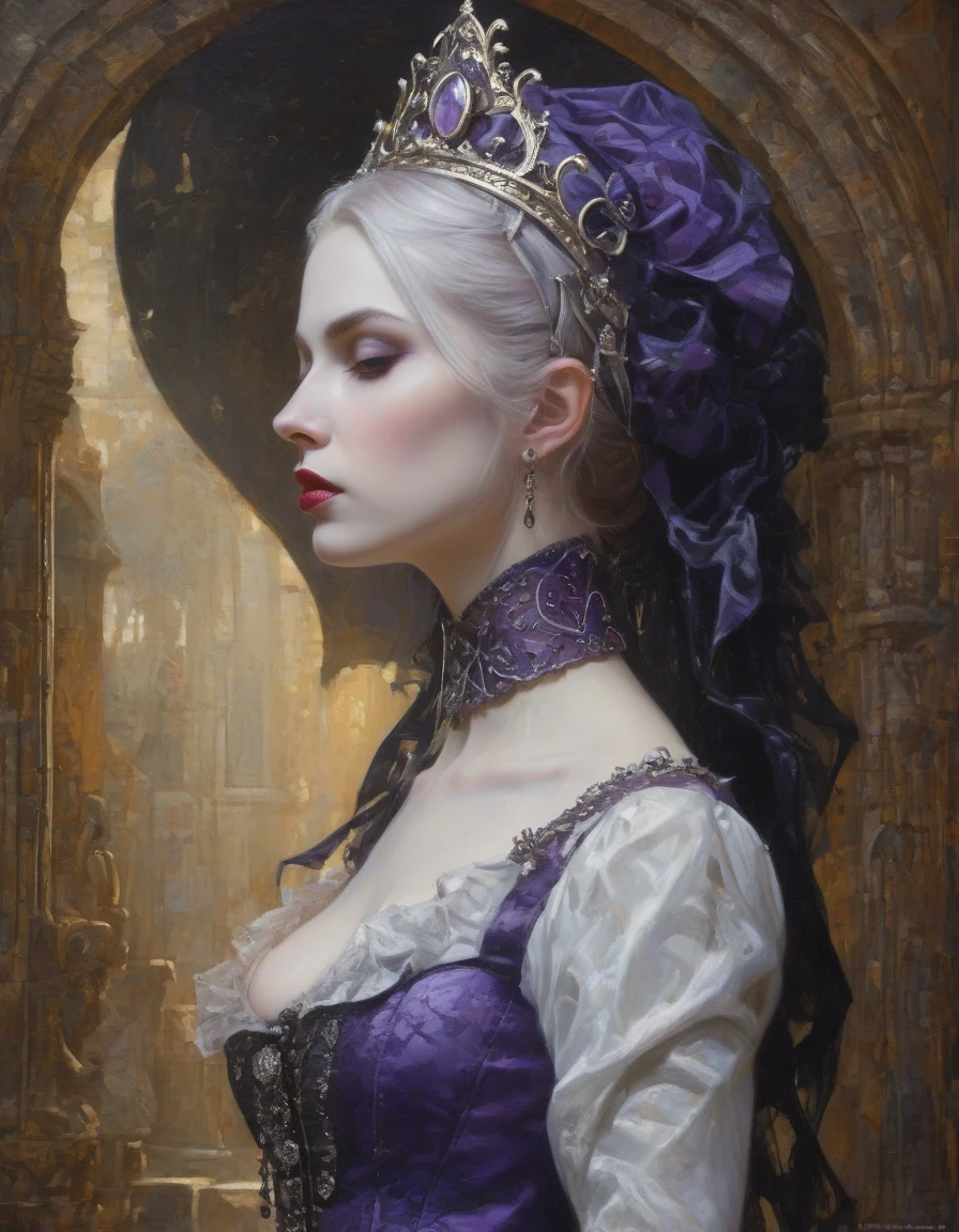 tarot card, chiaroscuro technique on sensual illustration of an queen of sword, vintage queen, lavender hair, eerie, matte painting, by Hannah Dale, by Harumi Hironaka, extremely soft colors, hint of cool silver vibrant, highly detailed, digital artwork, high contrast, dramatic, refined, tonal, highest quality，anatomy correct，ultra-wide-angle，depth of fields