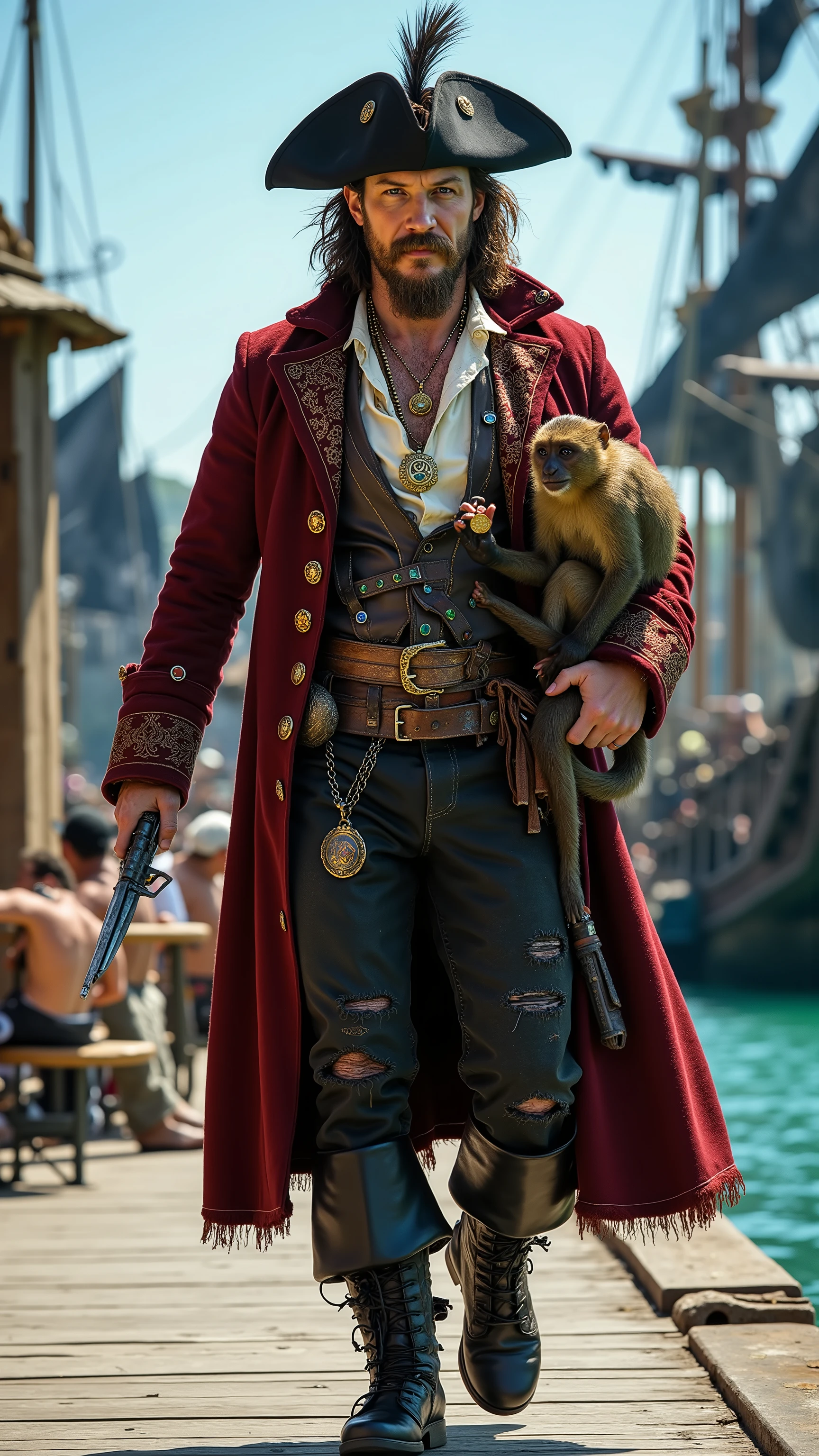Tom Hardy reimagined as a pirate walking and holding a capuchin monkey、dramatic atmosphere, 1 male、
Medium-length, slightly unkempt dark brown hair, a thick beard, and piercing blue eyes. A wide-brimmed black tricorn hat, adorned with gold embroidery and a large black feather, sits atop his head.
He wears a long, tattered crimson pirate coat with frayed edges, embroidered gold trim, and mismatched brass buttons. Beneath it, a weathered leather vest rests over a loose, torn white linen shirt, revealing a gold medallion on his chest. A thick black leather belt with a tarnished gold buckle secures his coat, while a second belt crosses his torso, holding a flintlock pistol. His patched dark trousers tuck into scuffed knee-high black leather boots with thick folded cuffs. The boots are reinforced with brass buckles and have worn soles.
His fingers are adorned with multiple rings, each set with emeralds, sapphires, and rubies. The capuchin monkey on his arm clutches a small golden coin in its tiny fingers, its tail wrapped loosely around his wrist.
,shows his male character's full figure, athletic body, perfect face, full body, extremely beautiful, god, male shape, perfect anatomy, The background features a lively pirate port with wooden docks stretching over clear turquoise waters. Towering ships with massive black sails rest in the harbor. The crew indulges in rum and boasts of their adventures on the high seas in a nearby tavern. Blue sky, sunny day, photorealistic, masterpiece, realistic, high contrast, 8k, HD, high definition detailed, detailed, hyper detailed, realistic skin texture, best quality, ultra high resolution, hyper realistic, no text, very detailed eyes, dramatic lighting