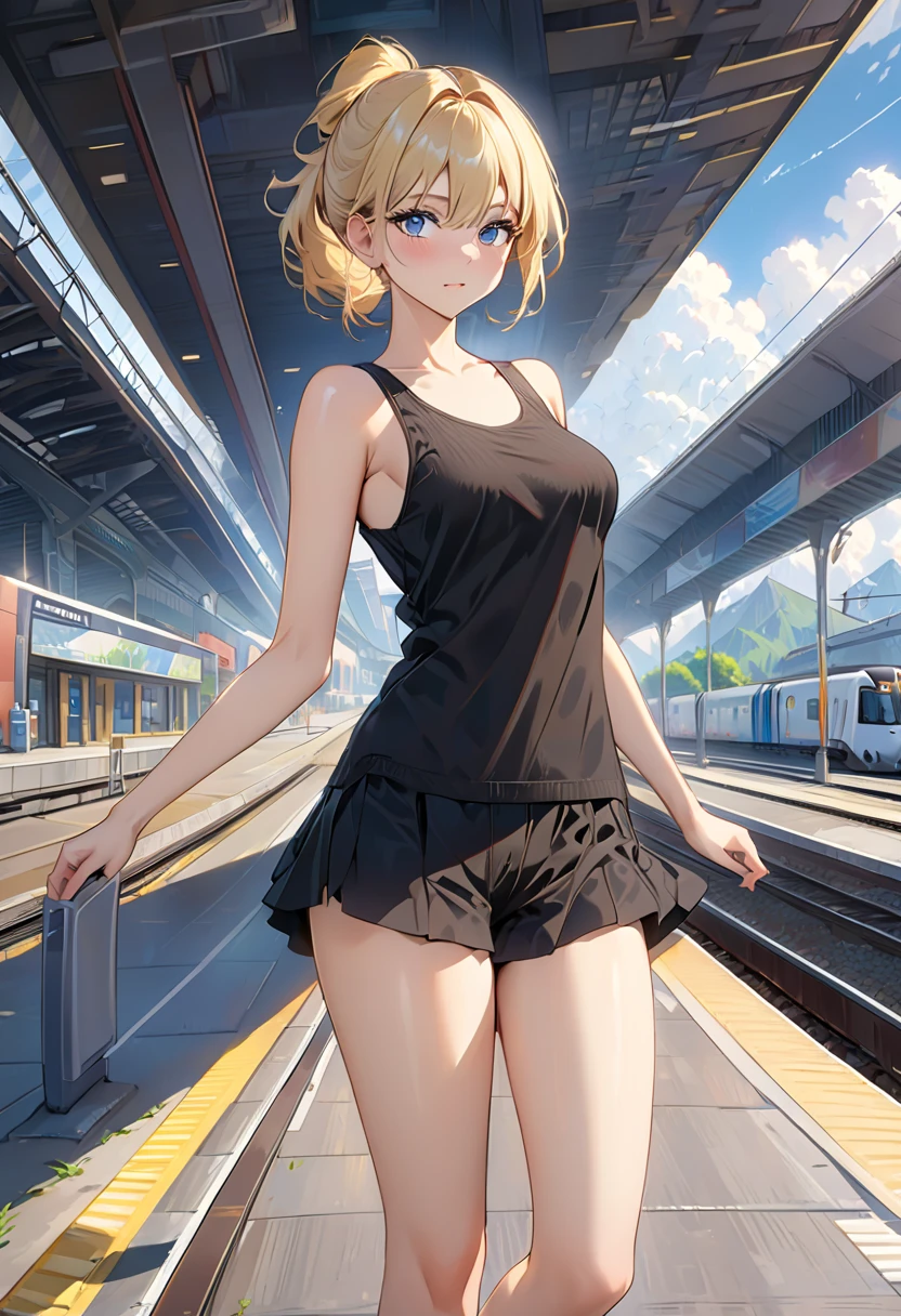 masterpiece,highest quality,official art,Highly detailed CG Unity 8K wallpaper,one cute tanned girl,toned body,Black Mini Bra,black bikini,Flat chest,Navel exposed.,toned body,barefoot,私inside the subway,ponytail,blonde,wearing sunglasses,smile,smiling face,face is turning red,Empty-handed,light is reflected on the skin,Standing inside a brightly lit car,((Ultra Wide Angle Photography)),((straighten your legs)),The entire body fits compactly in the center,full body,many people behind々There is,surrounded by people
