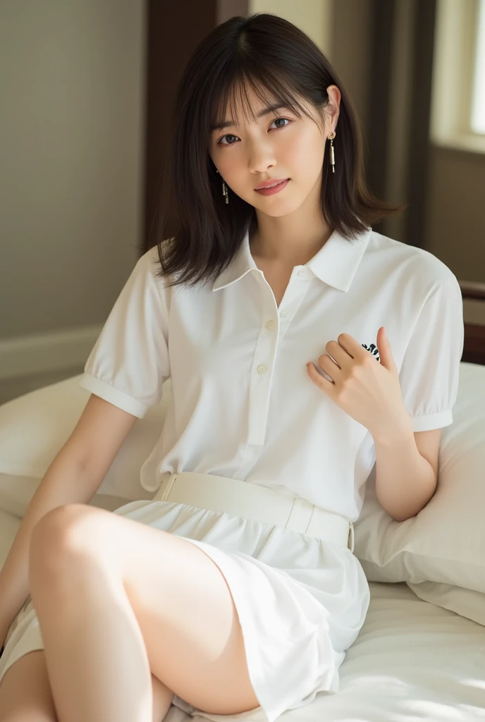 (Masterpiece, Best quality: 1.4), (Ultra realistic, Photo-realistic: 1.2), From above, From side, Full body, Sitting, Looking at viewer, Natural light, 28 years old actress, Japanese women, Neat and clean, ((Wearing white tennis uniform, White short-sleeve polo shirt with collar, Not buttoning the polo shirt, White pleated tennis skirt: 1.3)), (Wearing white sock: 1.1), (Ponytail: 1.2), (Beautiful face), Oval face, clear, Beautiful eyes, Kind eyes, Clear skin, Small face, Beautiful mouth, Small mouth, Natural makeup, Approachable, Seductive smile, (Seductive pose: 1.3), (Beautiful thighs: 1.2), Bedroom eyes, Embarrassed, Blush, Luxury hotel Suite room, On bed,