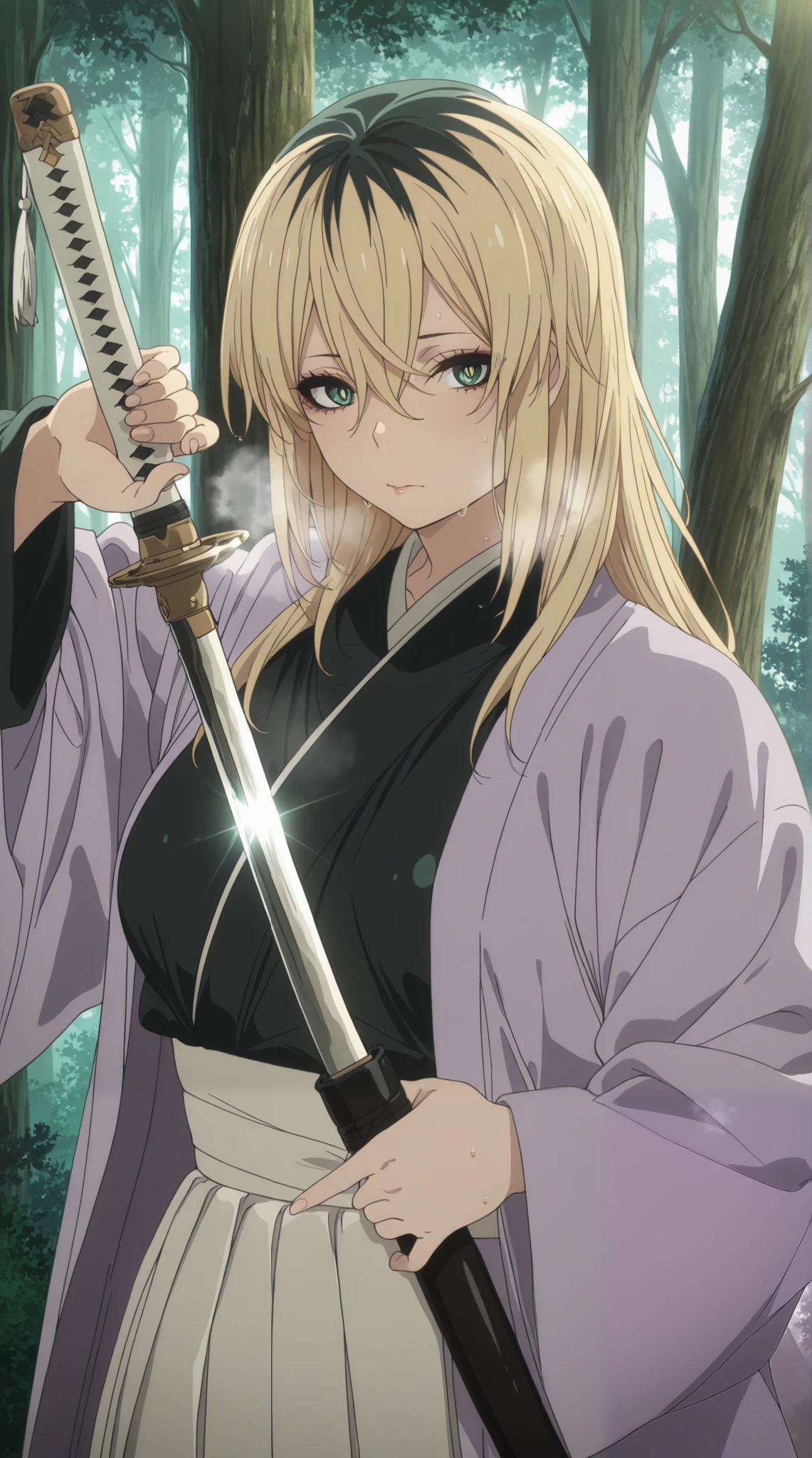 score_9, score_8_up, score_7_up, score_6_up, score_5_up, score_4_up, uncensored, source_anime, miyako ishida, long hair, bangs, blonde hair, black hair, hair between eyes, green eyes, multicolored hair, two-tone hair, bright pupils, ((flabby stomach)), plump, anime coloring, anime screencap, (voluptuous:1.3), (thick:1.3), BREAK UHD, retina, masterpiece, accurate, anatomically correct, textured skin, super detail, high details, high quality, award winning, best quality, highres, 4K, excessive sweating, sweating, sweating drop, (gasping, heavy breathing:1.3), (skindentation:1.2), perfect eyes, beautiful eyes, eyelashes, makeup, detailed body, perfect body, BREAK, ((flabby stomach)), plump, pointing breasts, 1girl, weapon, japanese_clothes, sword, solo, unsheathing, holding, holding_weapon, katana, kimono, looking_at_viewer, forest, nature, holding_sword, sheath, haori, sleeves_past_wrists, outdoors, hakama, closed_mouth, black_kimono, long_sleeves, skirt, wide_sleeves, hakama_skirt, tree, glint