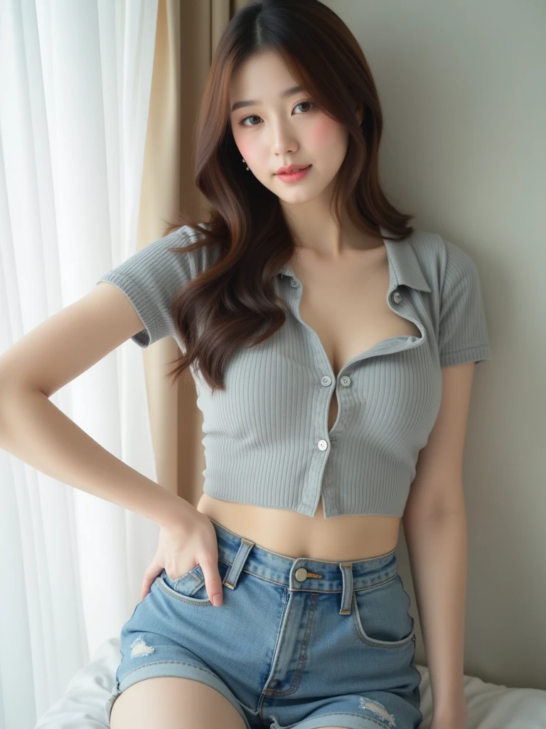 alone、long hair、black hair、standing in the bedroom:1.7、off shoulder,white shirt、((Navy denim skirt that accentuates thighs:1.4))、black eye,off-shoulder shirt,short sleeve,1 girl,sexy pose、((Small breasts:1.4))、((flat chest:1.4))、highest quality,masterpiece,figure,very delicate and beautiful,cg,unity,8k wallpaper,wonderful,finely,masterpiece,official art,very detailed cg unity 8k wallpaper,incredibly absurd,huge file size,Super detailed,High resolution,very detailed,beautiful detailed girl,realistic,full frontal,outdoor,contrast of light,See-through:1.7、smiling girl:1.7、