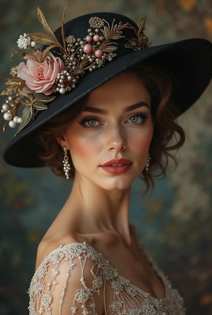 (Masterpiece) An insanely beautiful Victorian lady with rich flowering over the top hat, rich jewelry, vintage sepia photography, outdoor photography, extremely inviting look, front look,  looking at the camera, very old and torned photo