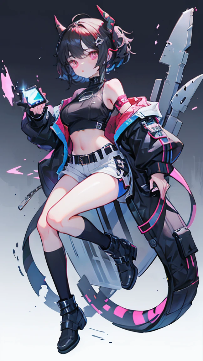 Oh, league of legend, sexy for, wallpapers, detailed eyes, fox ear, (fox tails), a skirt, (long pink fur), medium breasts, Looking at_Shown in_Looking atl espectador, short_hair, gloves, belly button, fail, blue_there are eyes, Eternal, full_body, weapon, Footwear, necklaces, negro_gloves, pulp, hooded, hair_overcome_Yoon_there are eyes, Cultivator_above, hoodie, negro_pants, sneakers, Cut_jacket, cyber punk character, Cut_hoodie