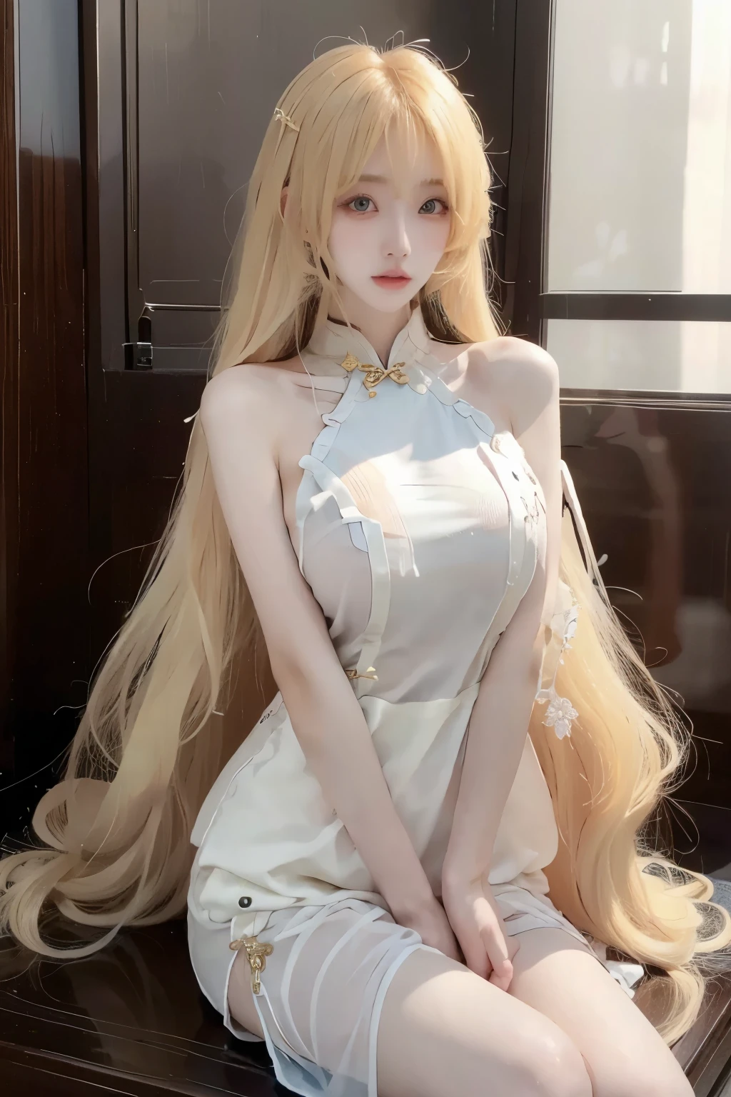 Beautiful Women with Perfect Body，Layered Hairstyle，Skin Whitening， long blond hair，cheongsam