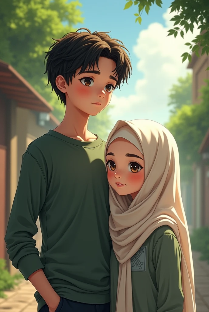 there is a woman and boy, realism artstyle, 1 girls using hijab, 1 boy, realistic, hd picture , hd quality, romance, couple, lovers