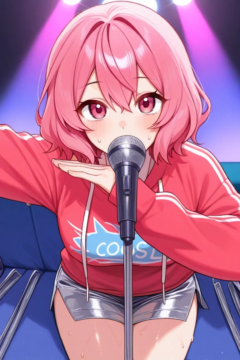 Yuigahama Yui, short hair, brown eyes, Pink hair, single bun hair,
looking at viewer,
(masterpiece), highest quality, High resolution, unity 8k wallpaper, (perfect anatomy:1.2),
blush, smile,
(huge breasts:1.1),
karaoke,
(pink hoodie), checked skirt,
open mouth,