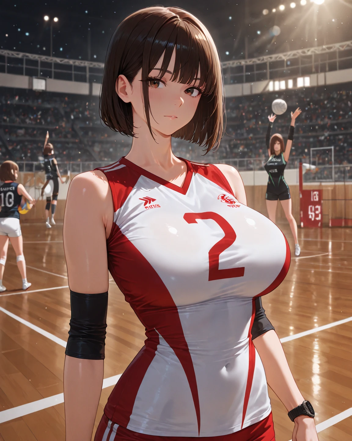 1girl, volleyball uniform,smile, holding volleyball, milf, mature female, (muscular body:1.3), short hair, (huge breasts:1.2),skindentation, tall ,narrow waist, thighs, wide hips,eyeliner, eyelashes, perfect face, detailed eyes, blue eyes, mole under the left eye,facial lighting, indoor stadium, audience, crowd, looking at viewer(masterpiece, high quality:1.2)