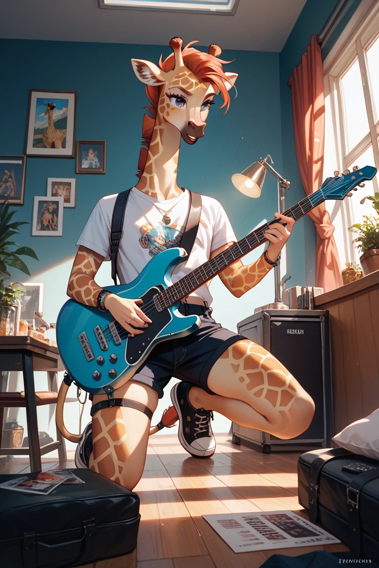 (best quality,4k,8k,highres,masterpiece:1.2),ultra-detailed,realistic,African Wild Dog,standing,lonely,uncensored,naked,thick erect penis,sensual smile,playing guitar with a sexy and unique style,guitar strings vibrating,expressive eyes,sharp teeth,beautiful fur patterns,dry and barren home,harsh sunlight,golden brown color tones,extreme detail description,animalistic energy NSFW young adult 24 years old (+18)