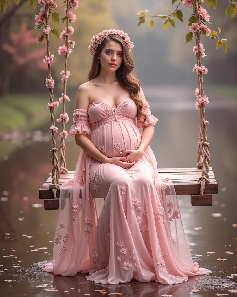 arafed woman in a pink dress standing in front of a floral backdrop, digital art inspired by Oleg Oprisco, tumblr, baroque, ethereal fairytale, very magical and dreamy, dreamy style, maternal photography 4 k, dreamy and ethereal, lady with glowing flowers dress, ethereal and dreamy theme, in the white clouds fairyland, ethereal and dreamy