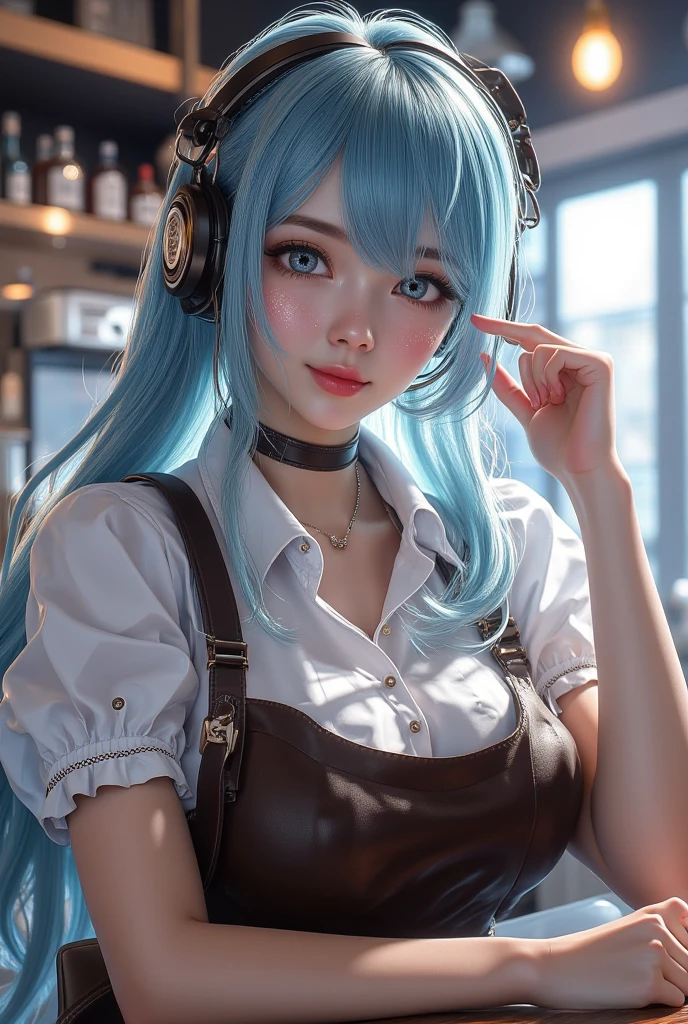 (Highly detailed CG Unity 8k wallpaper, masterpiece, top quality, super detail), floating, shining eyes [(headband, earrings, braided pig tail hair with headphones, (cyan: 1.5 | red: 1.2), (light yellow: 1.3)): overalls): --auto --s2