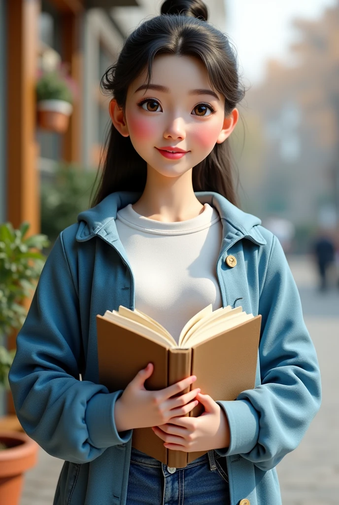Incredibly cute little girl Jessica, accompanied by her cute puppy, is buying a book for school in a beautiful and colorful bookstore in the middle of the city, The illustration is high resolution 4k resolution, with very detailed facial features and cartoon style graphics.