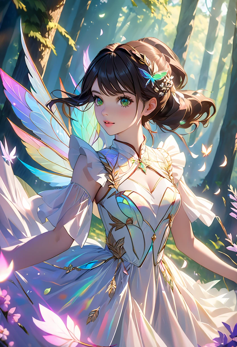 A graceful female figure，There is a delicate one, Glowing Wings, Surrounded by light, Magical creatures in the enchanted forest - subsurface skin scattering, Glowing skin, iridescent dress, Detailed background, ([Elizabeth Olsen|Anne Hathaway|Selena Gomez]:0.8), Round cute face, Green Eyes, close up, Stunning fine details, Nikon D850 film stock photos Kodak Portra 400 camera f1.6 shots, Rich colors, Lifelike textures, Dramatic Lighting, Unreal Engine, Popular on ArtStation, CineStill 800 Tungsten
