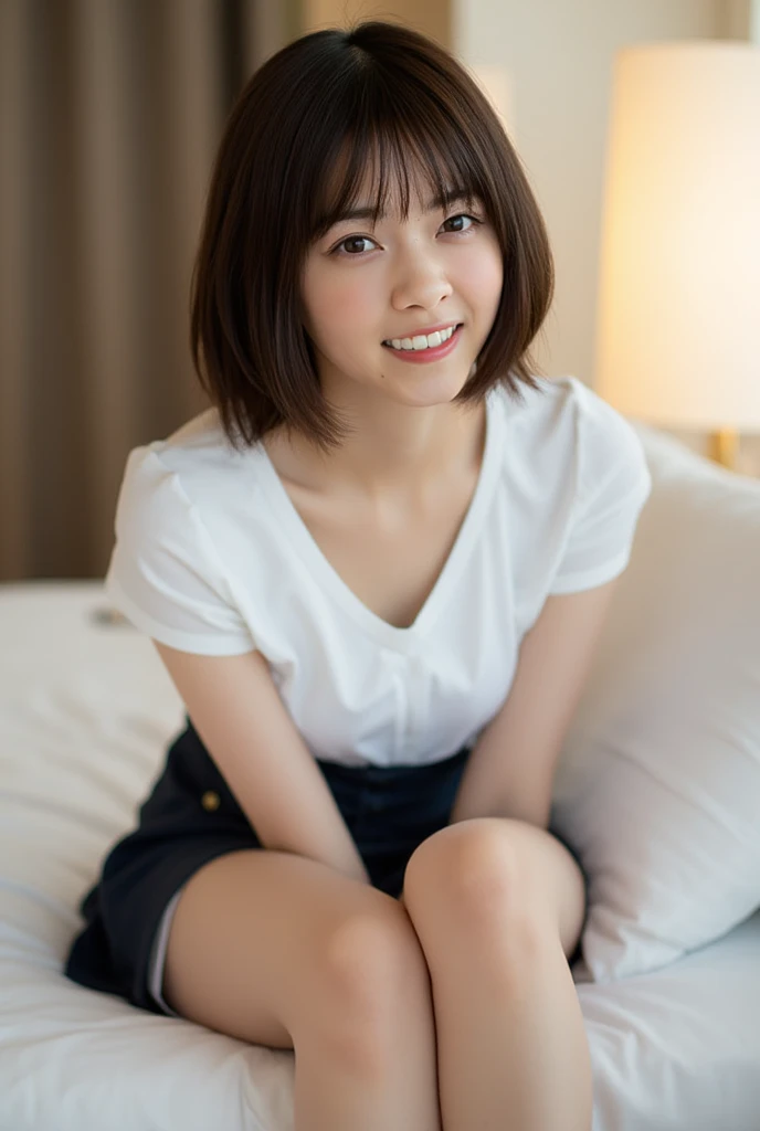One girl,Sitting on the bed,Down to the feet,Black Hair,Very Short Hair,Navy Blue,Sleeveless,Unbutton it,A big smile,Junior high school freshman,Japanese,single eyelid,Sharp face,A small cleavage on the chest,Hold your head high,Honey,front,Look here,transparent, (masterpiece, Highest quality), Structure of the film, Like a movie