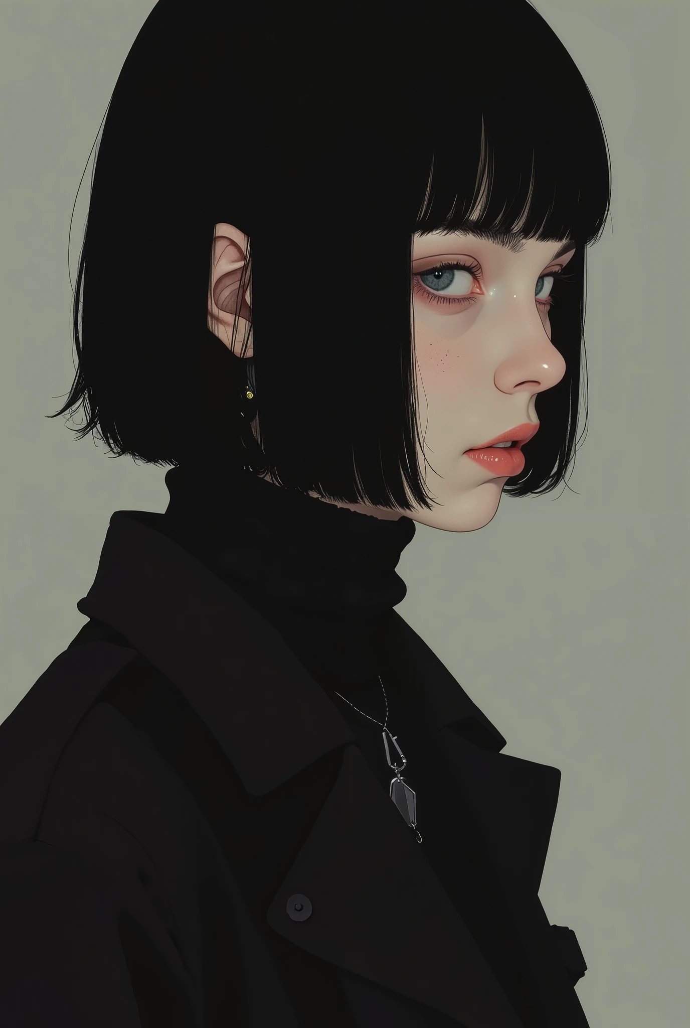 profile、close-up of a woman in a black knit, Tomer Hanuka , Popular on CGSociety,full bangs、 black hair、shortcuts、 conceptual art, laurie greasley and James Jean, Jamie Hewlett Art , Laurie Gracley's style, James Jean style, Jamie McKelvie comic art , James Jean!, style of James Jean, James Jean marc