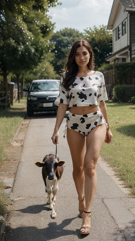 Beautiful 26 years old woman, 170cm high, 60kg weight, white skin, long curly dark hair, light gray eyes, wearing black vest, long skirt, park, walking with a dalmatian puppy in a park, (((dalmatian puppy))), close to the window, natural morning light, realistic portrait, highly detailed, analog style, deep cleavage, breast, (((full body))), topless