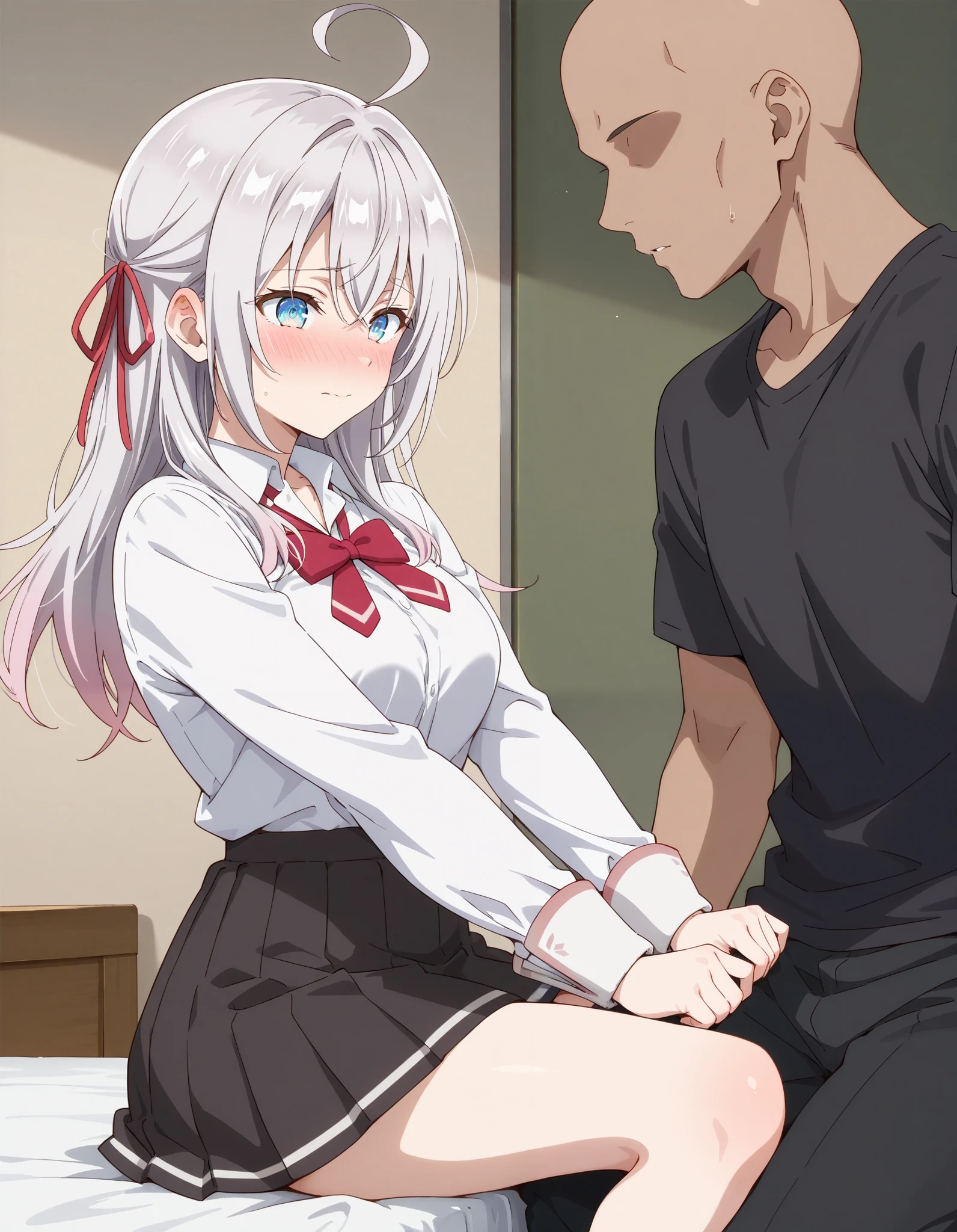 masterpiece, best quality, highly detailed, ultra high res, 1girl, alisa mikhailovna kujou, long hair, bangs, blue eyes, hair ribbon, ahoge, grey hair, red ribbon,medium breasts, skirt, bow,{white shirt}, pleated skirt, collared shirt, bowtie, black skirt, red bow, red bowtie,long sleeves, blush ,embarrassed,sitting on the bed,,nsfw ,side view,1 boy(dark skin)Black T-shirt,black pants,bald,faceless man,sitting on the bed,undressing another shirt