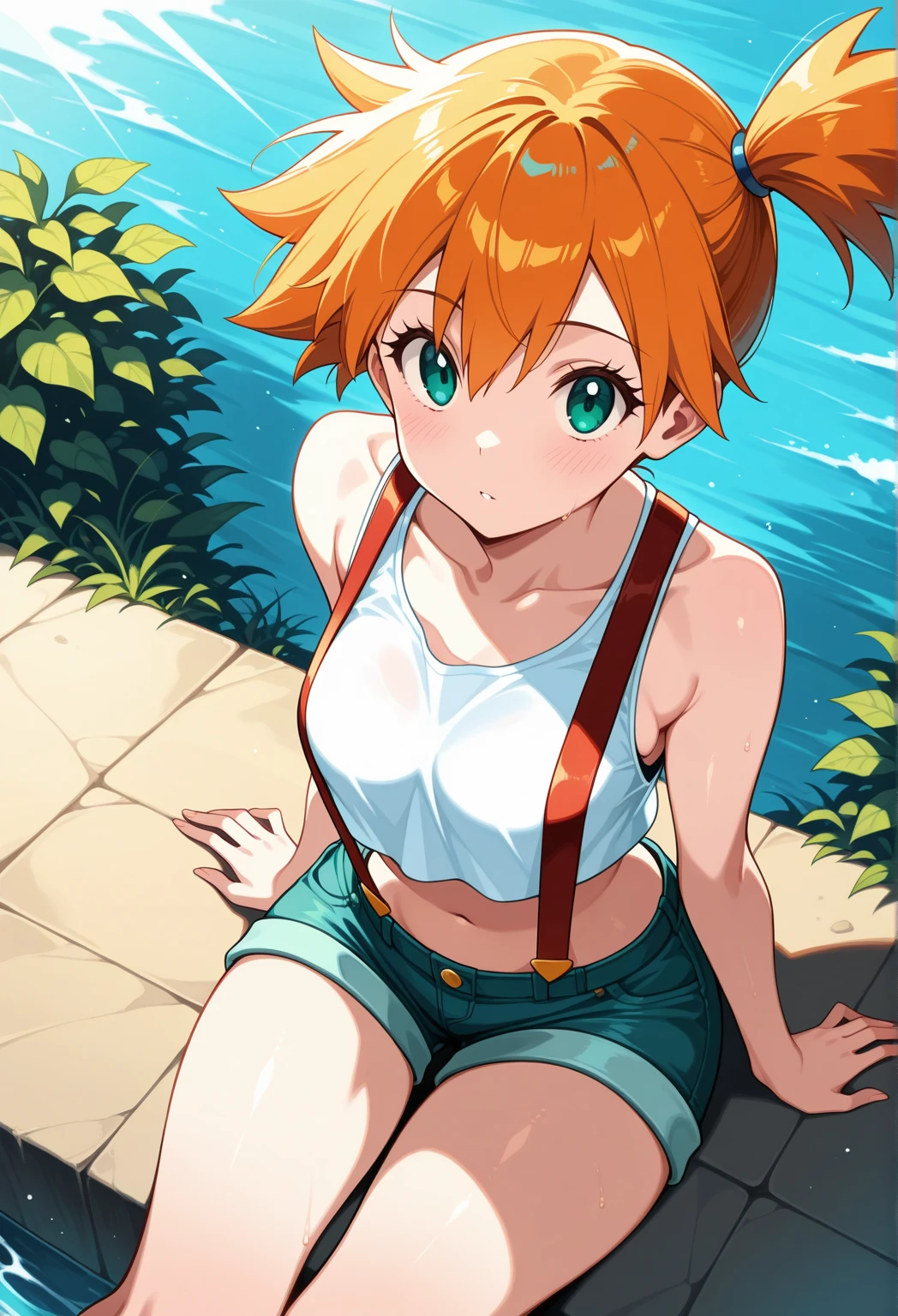 masterpiece, Highest quality, High resolution, One girl, Foggy (Pokemon), Orange Hair, Tight white school swimsuit、Side Ponytail, Orange Hair, abdomen, Yellow Crop Top, belly button, short hair, smile, Cowboy Shot, Are standing, peace_sign,Poolside、Big Breasts、Nipples protruding