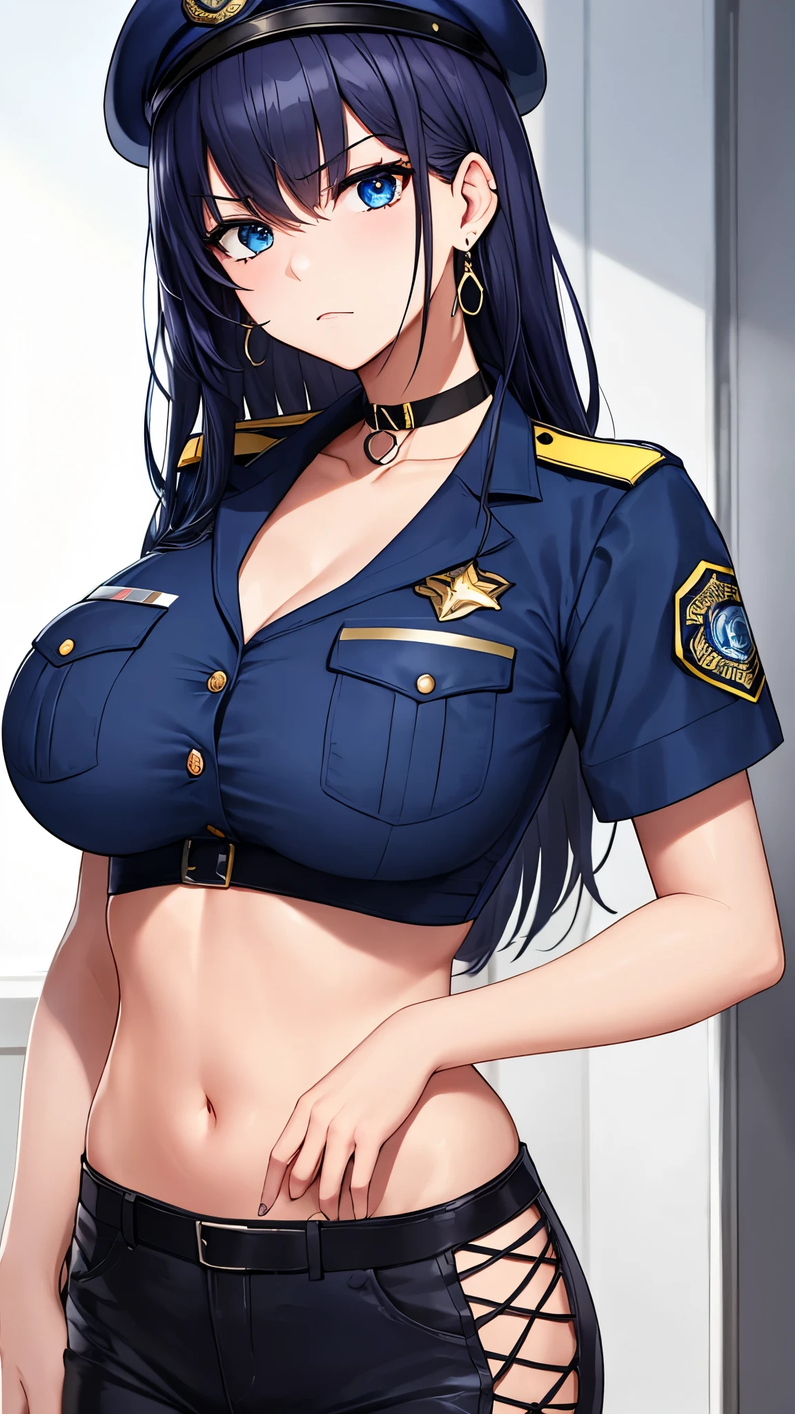 masterpiece, high quality, detailed eyes, 1 girl, One,black medium hair, bobsleigh, bang, (large breasts1.0), A slight smile, (muscular:0.5), White police uniform,hand icon, short sleeves, chest pocket, belt, split, crop tops, garter belt, Black Stockings, necklace, Covered nipple, sexual , black hair , road background, have a gun holster in your skirt, hairy pussy, handcuffed