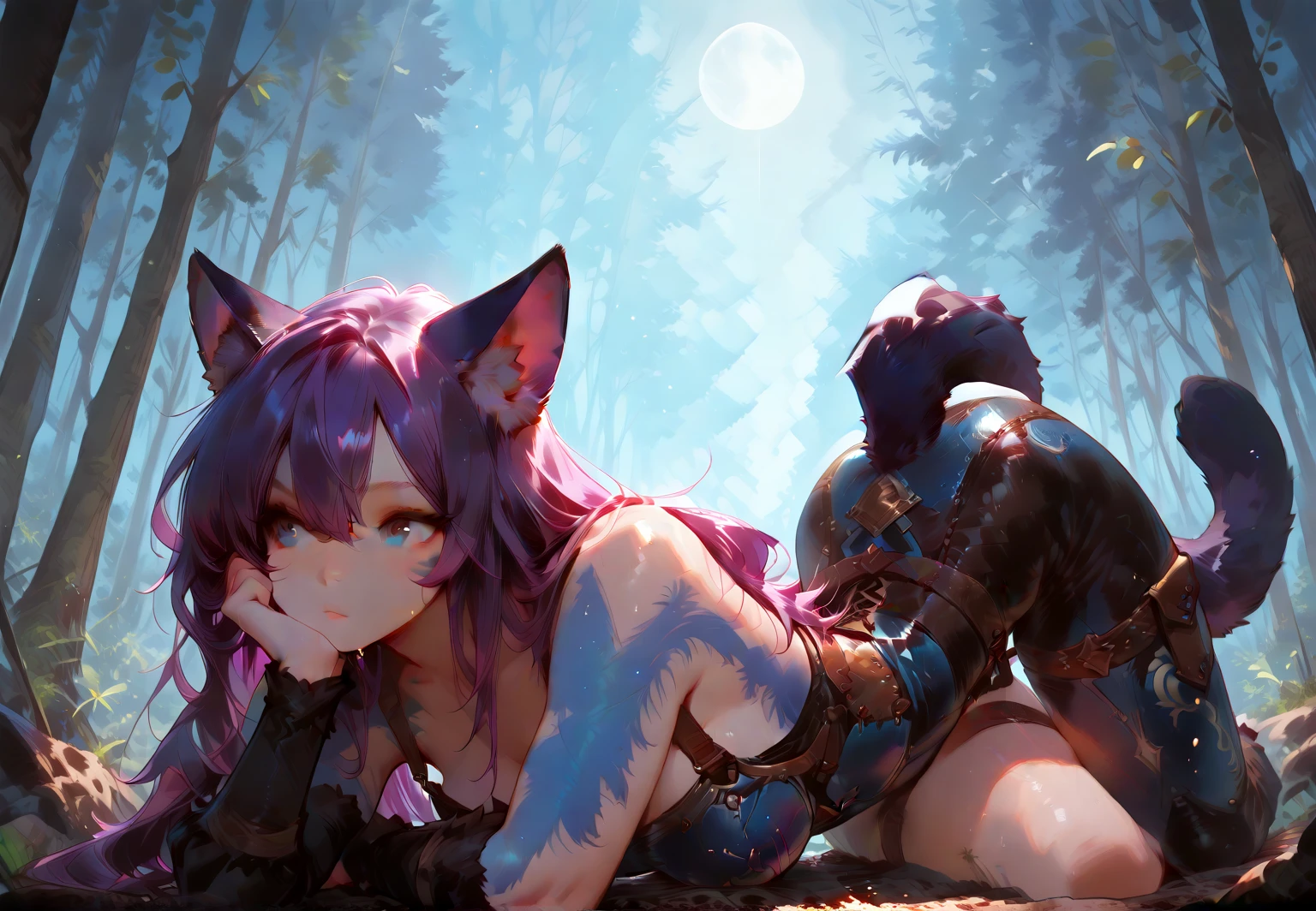 (Masterpiece) (High Detail) (High Res) 2 characters are engaging in oral sex in a field - A large black Anthro Equine Male with black fur and a huge black equine cock is receiving oral sex from a short petite humanoid girl with pale human skin, bright turquoise-coloured eyes, long pink hair in a braid and large fluffy pink dog ears and a big fluffy pink dog tail and average breasts. Anthro_on_human. Pink Hair. Pink Tail & Ears.