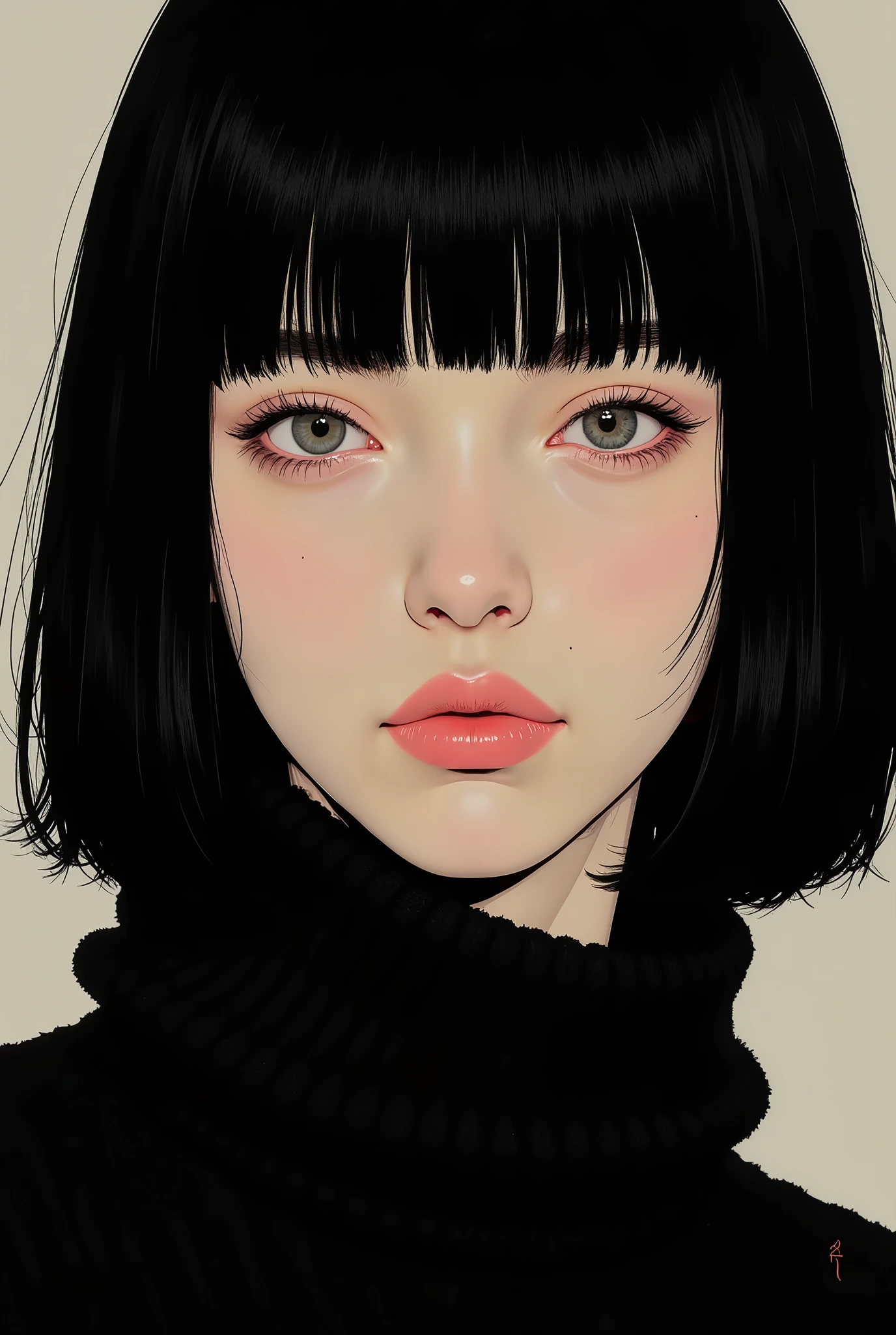 close-up of a woman in a black knit, Tomer Hanuka , Popular on CGSociety,full bangs、 black hair、shortcuts、 conceptual art, laurie greasley and James Jean, Jamie Hewlett Art , Laurie Gracley's style, James Jean style, Jamie McKelvie comic art , James Jean!, style of James Jean, James Jean marc