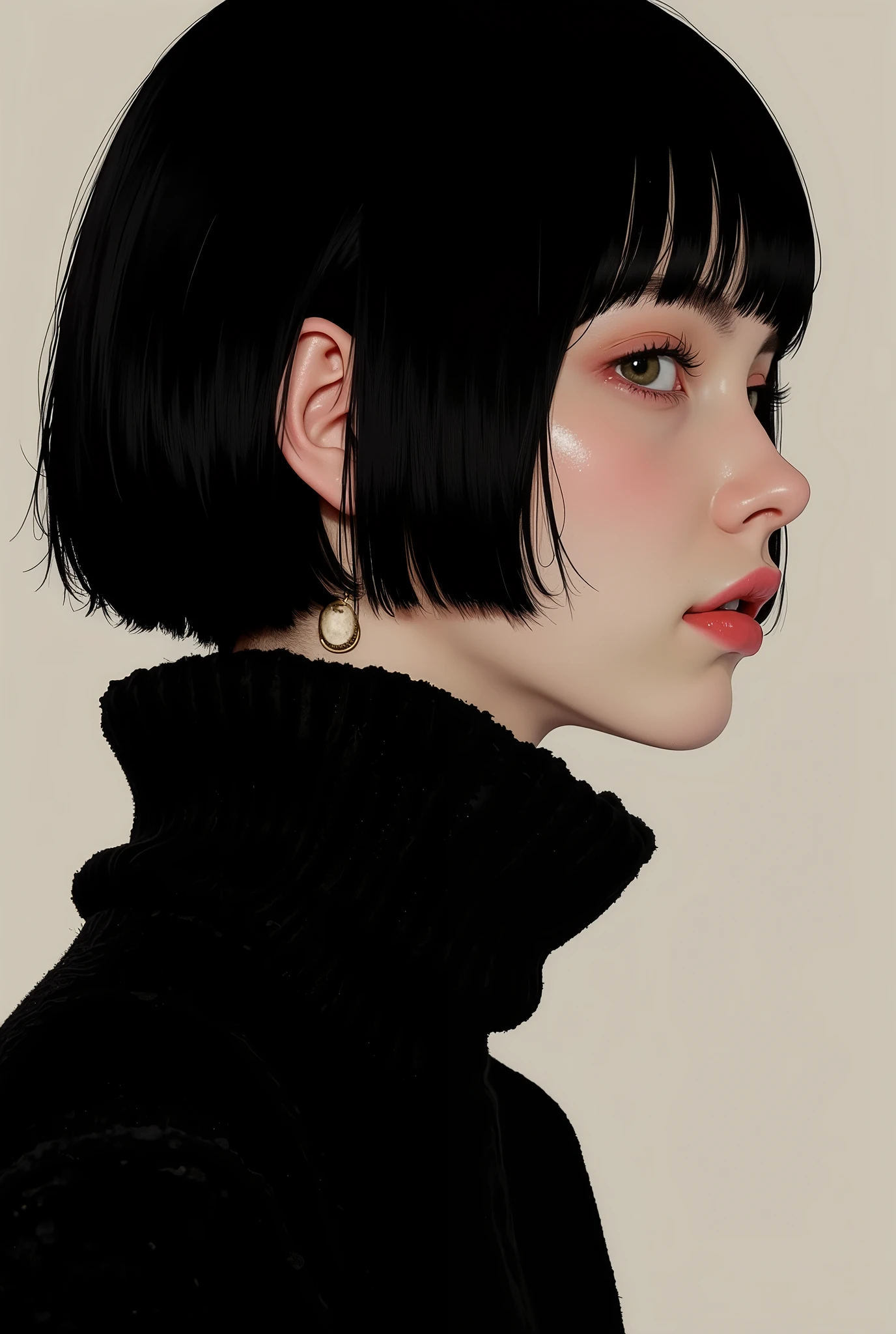 profile、close-up of a woman in a black knit, smiles、Tomer Hanuka , Popular on CGSociety,full bangs、 black hair、shortcuts、 conceptual art, laurie greasley and James Jean, Jamie Hewlett Art , Laurie Gracley's style, James Jean style, Jamie McKelvie comic art , James Jean!, style of James Jean, James Jean marc