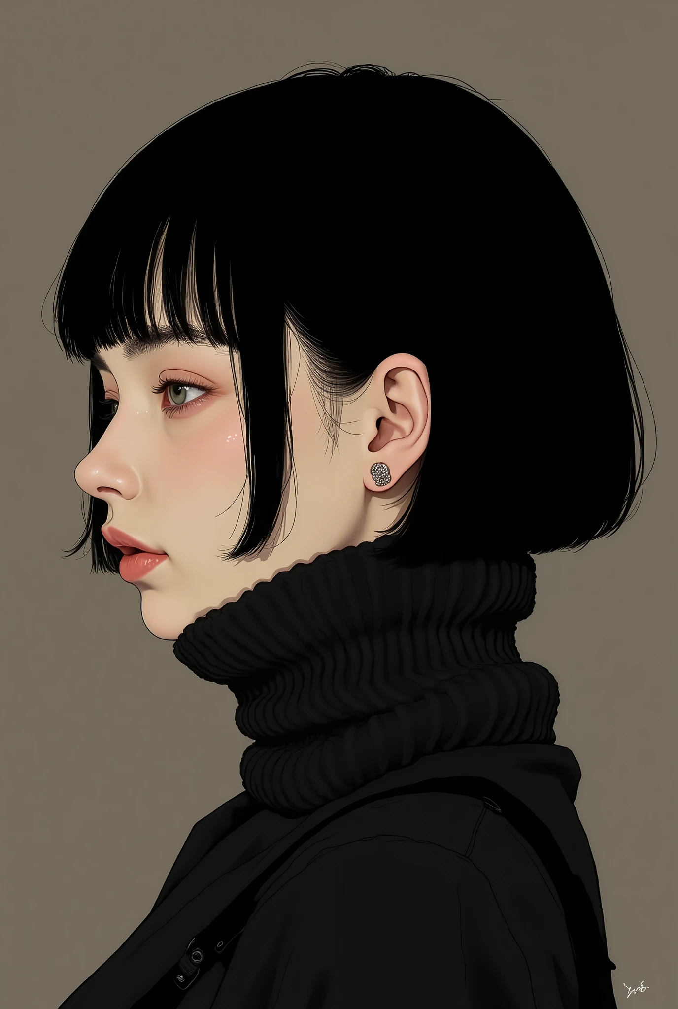 profile、close-up of a woman in a black knit, smiles、Tomer Hanuka , Popular on CGSociety,full bangs、 black hair、shortcuts、 conceptual art, laurie greasley and James Jean, Jamie Hewlett Art , Laurie Gracley's style, James Jean style, Jamie McKelvie comic art , James Jean!, style of James Jean, James Jean marc